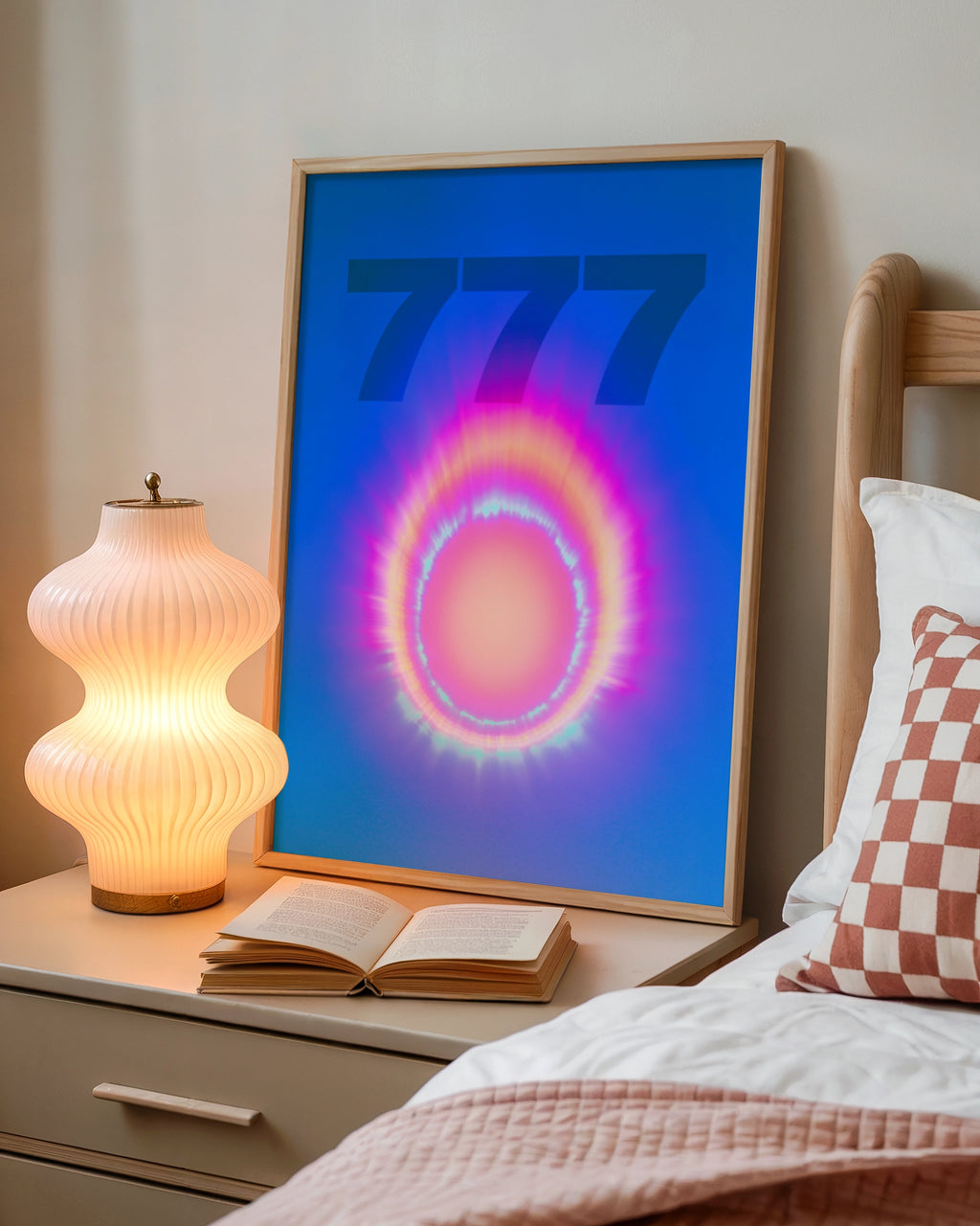 777 Angel Number Poster, Neon Aura Ring Print, Spiritual Blue Wall Art
