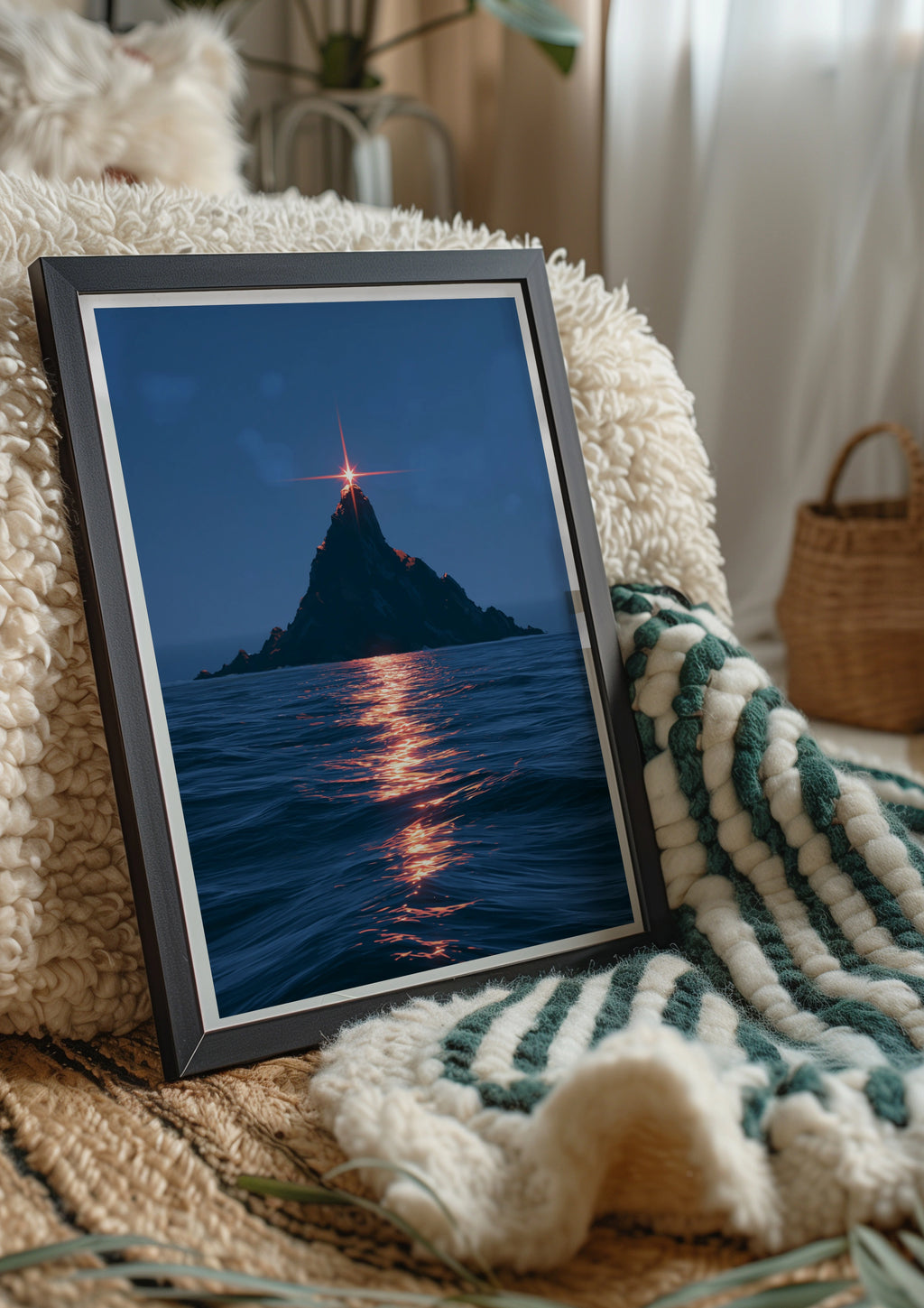 Island Star Sea Poster, Rocky Peak Ocean Night Print, Cinematic Seascape Art