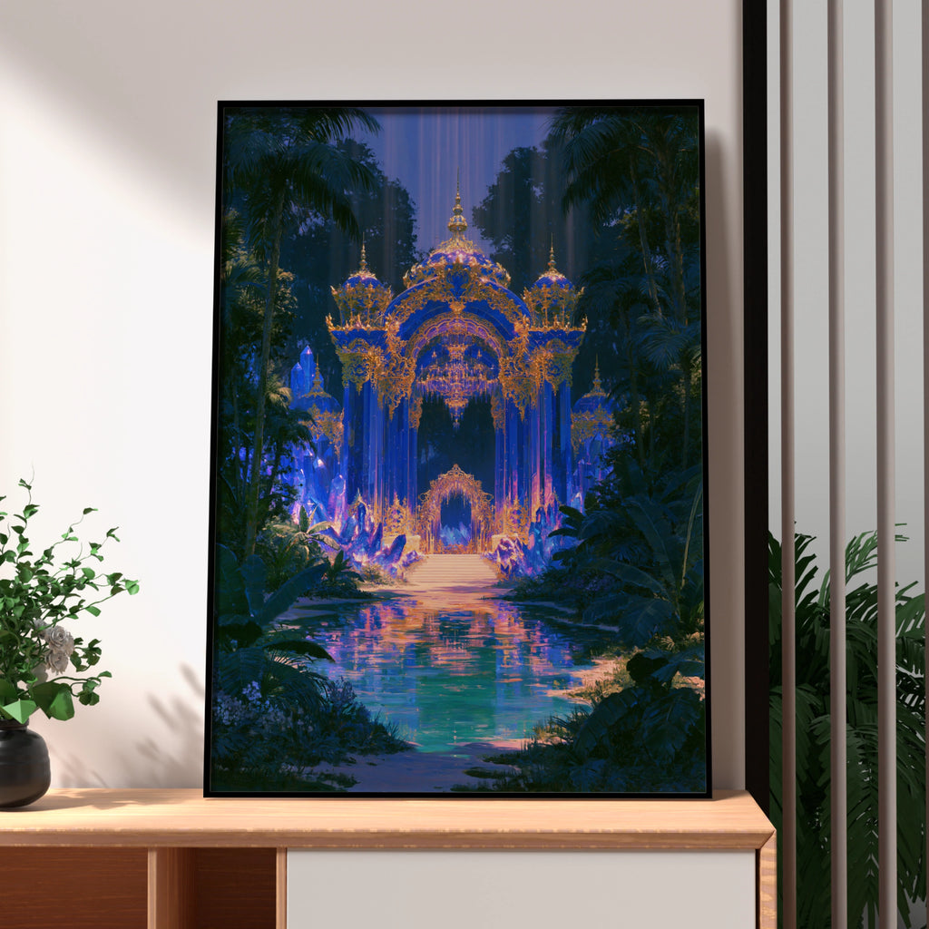 Sapphire Palace Fantasy Art Poster, Crystal Palace, Blue Gold Jungle Print