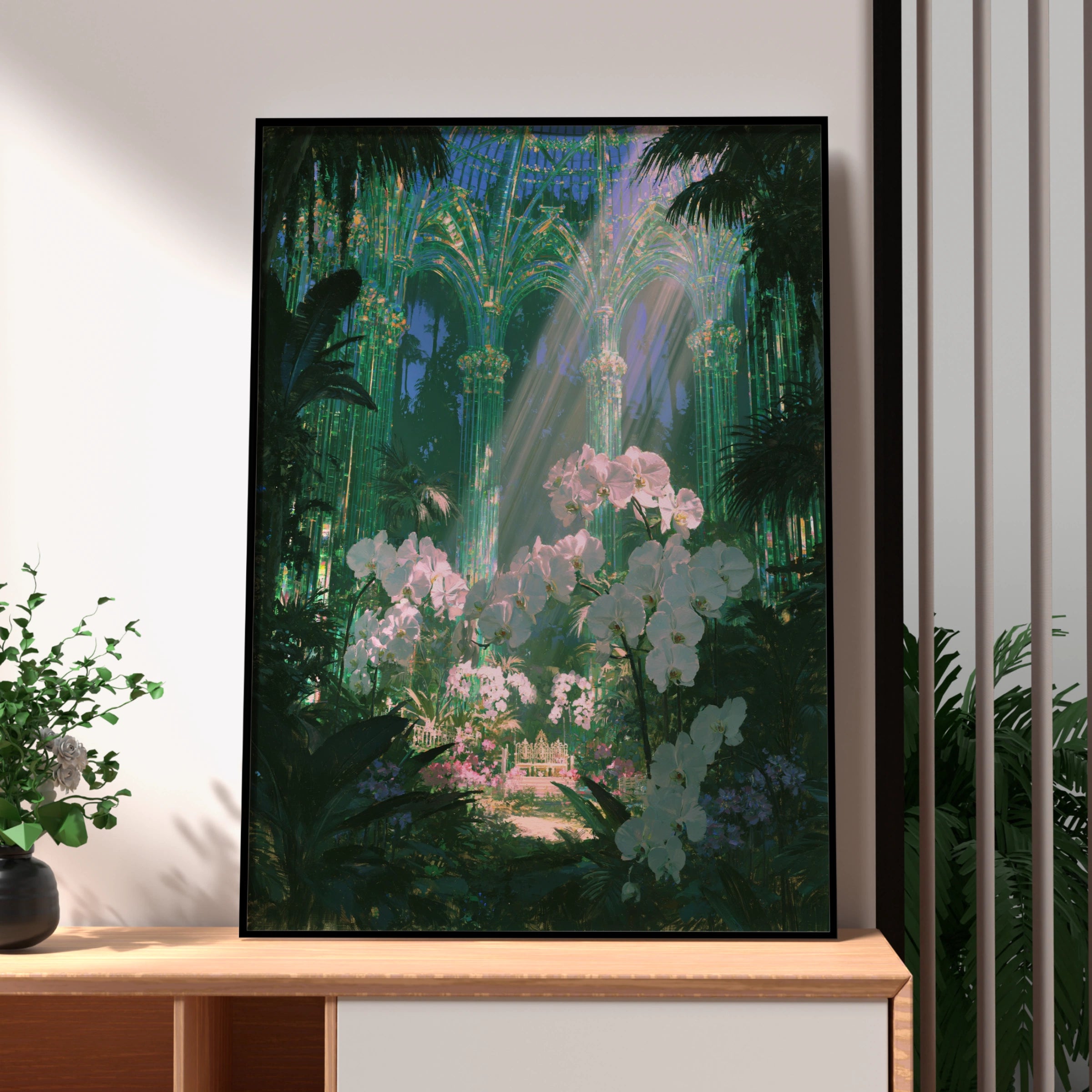 Emerald Glasshouse Orchids Poster, Botanical Fantasy Art Print, Victorian Greenhouse