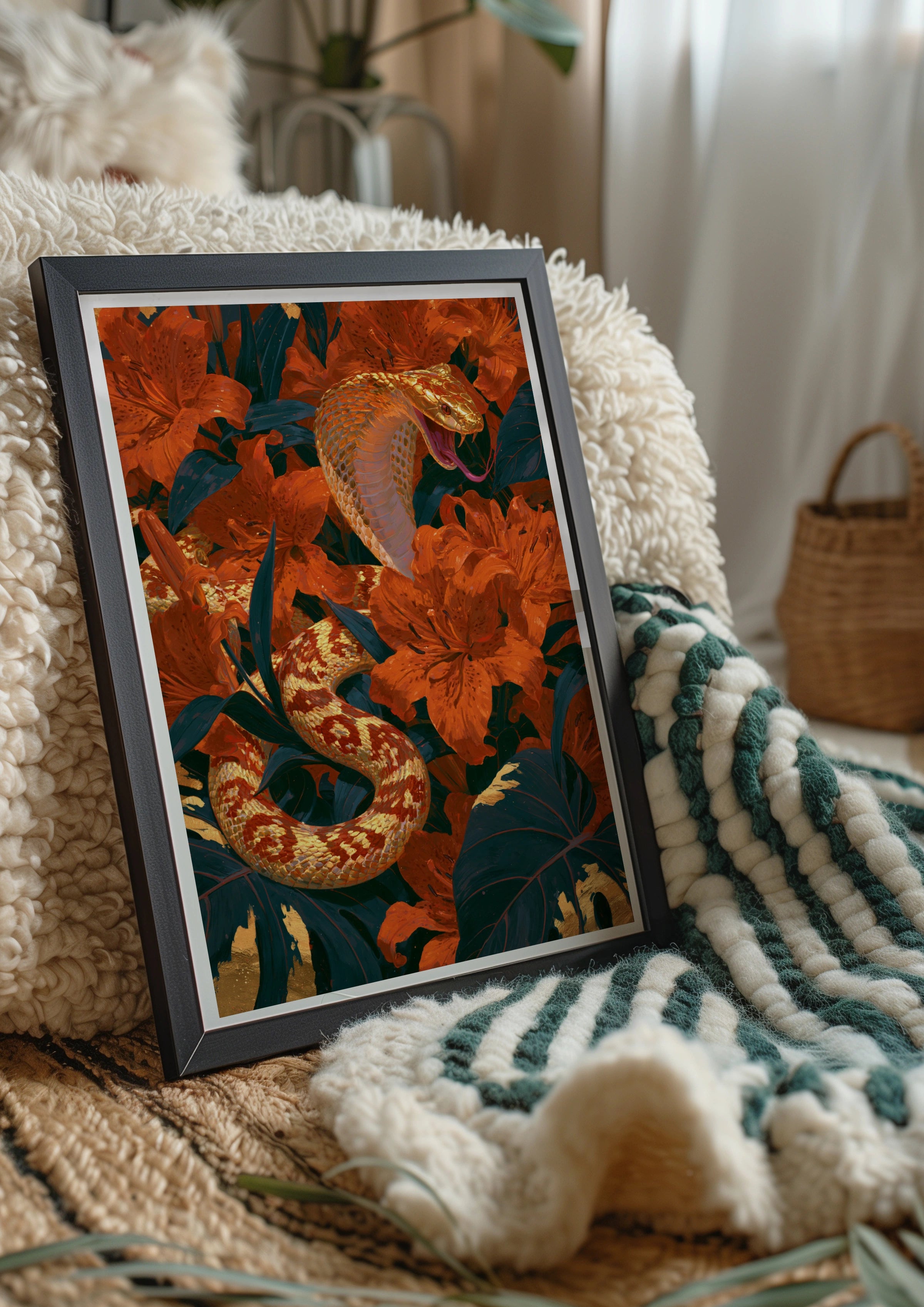 Golden Cobra Snake Flowers Poster, Botanical Wildlife Wall Art Print