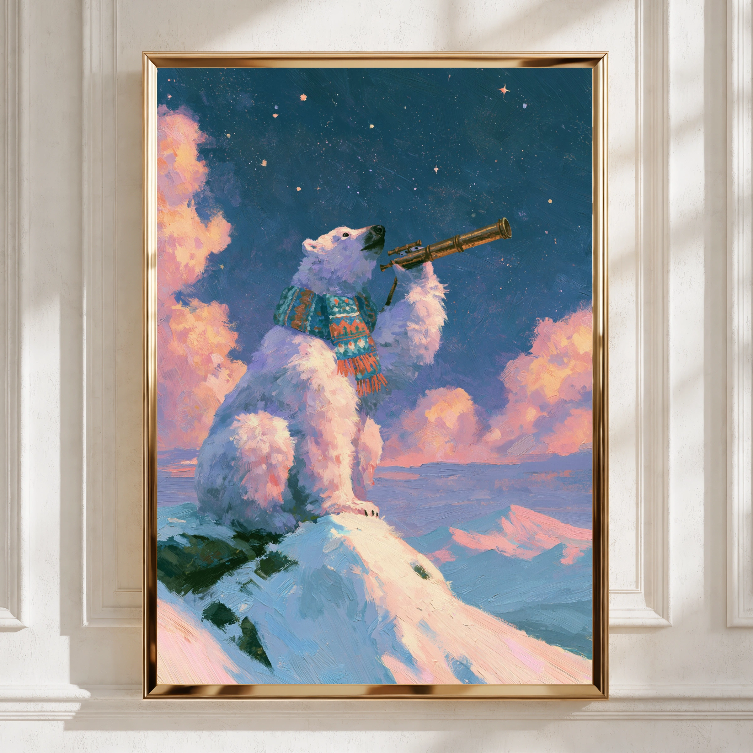 Polar Bear Stargazing Poster, Arctic Night Sky, Whimsical Animal Wall Art