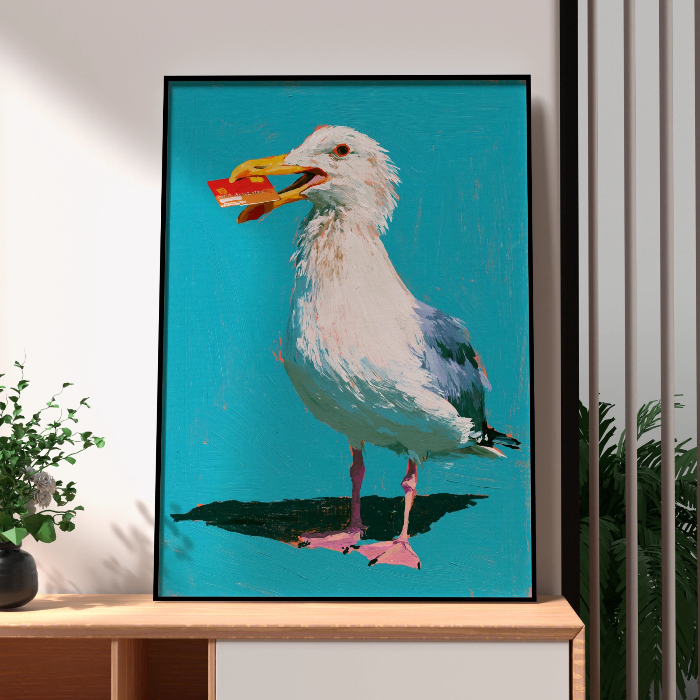 Seagull Stealing Credit Card Poster, Funny Coastal Bird Art Print, Teal