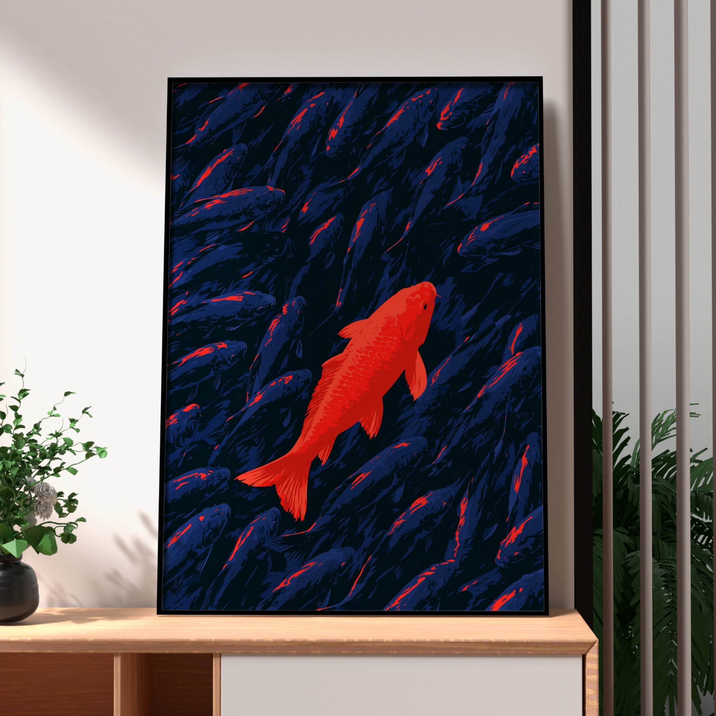 Red Koi Fish Poster, Stand Out Art Print, Bold Navy Blue Illustration