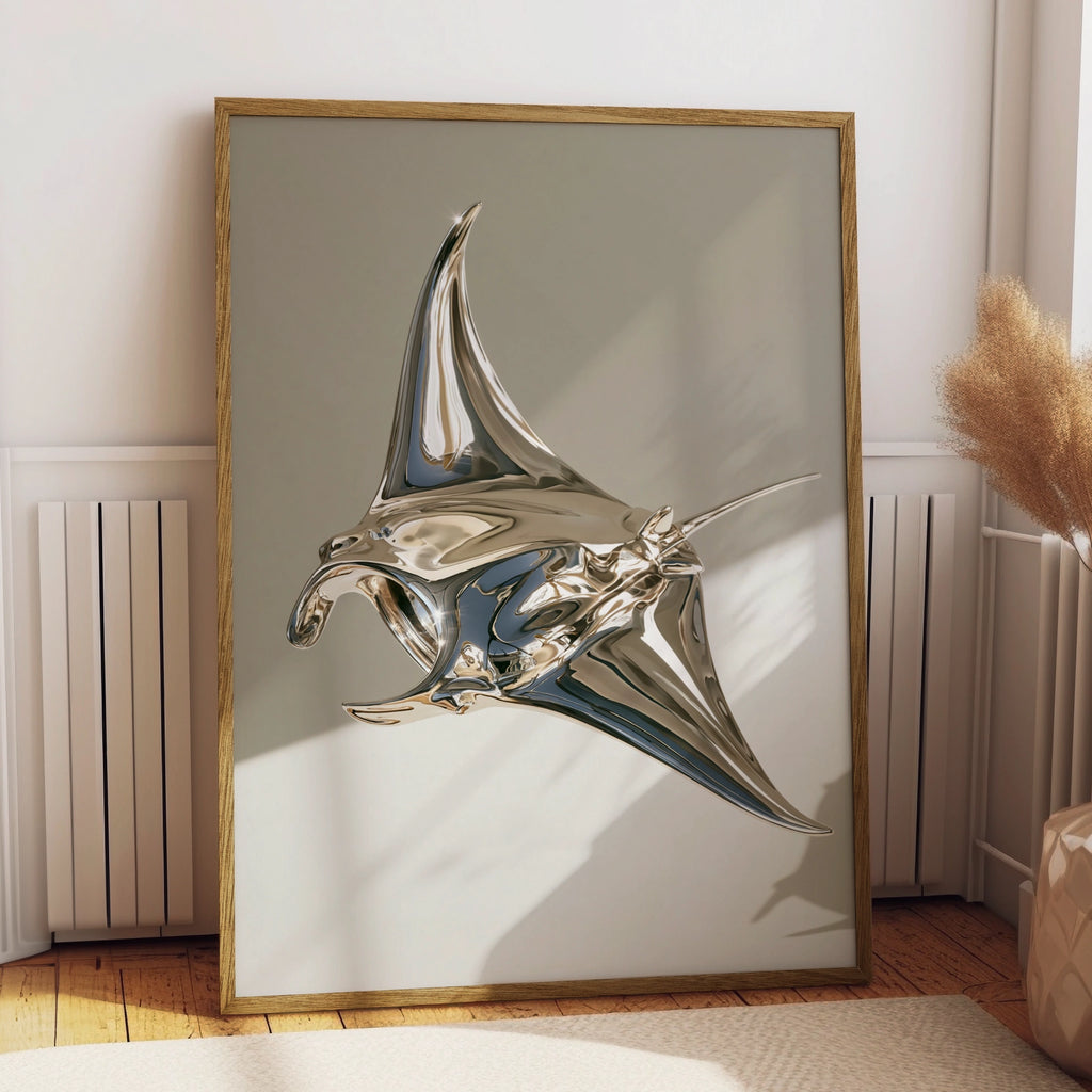 Manta Ray Poster, Chrome Sculpture Art Print, Modern Minimalist Style