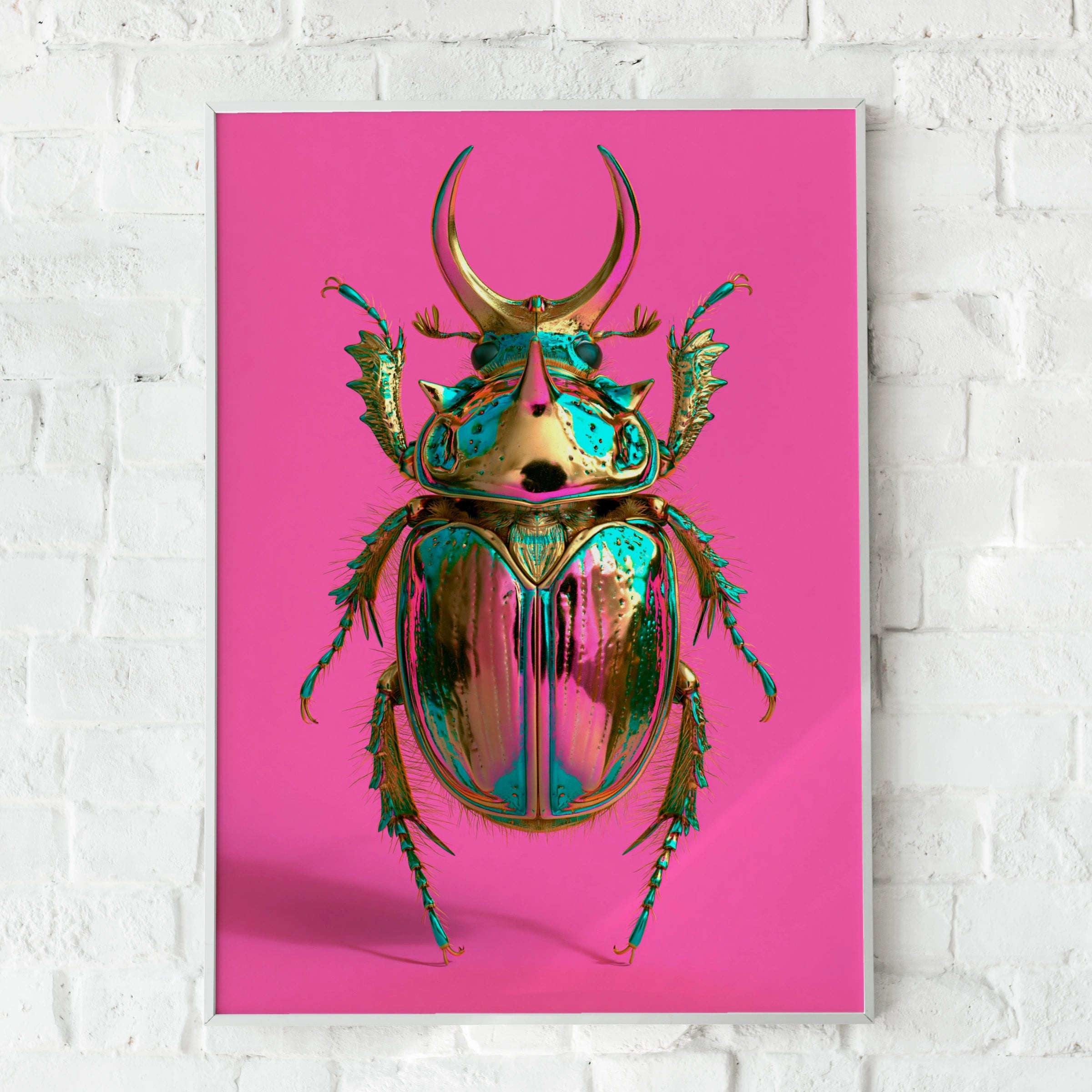 Metallic Beetle Poster, Pink Iridescent Insect Wall Art, Bold Colour Print