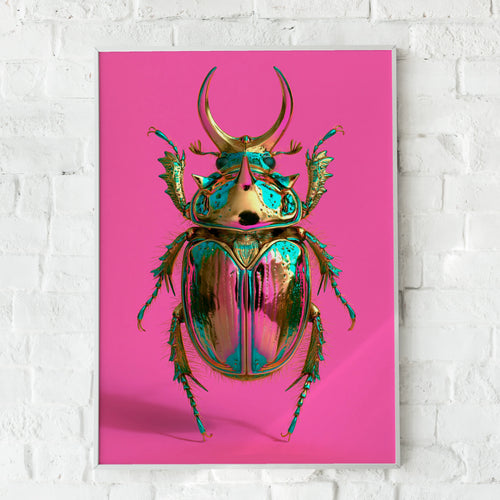 Metallic Beetle Poster, Pink Iridescent Insect Wall Art, Bold Colour Print