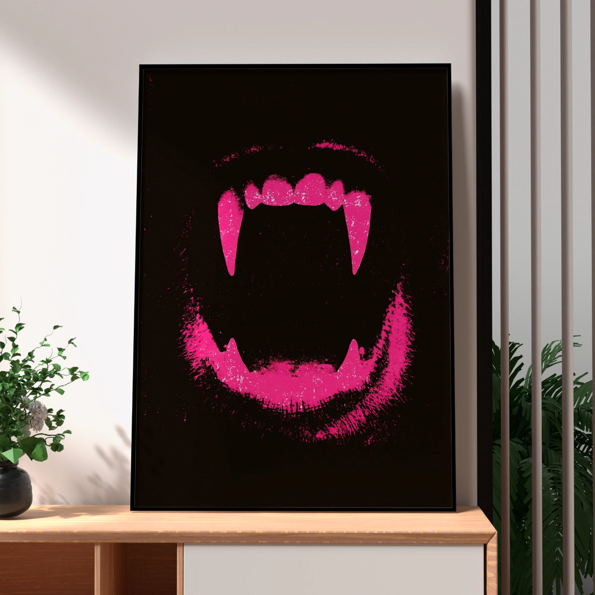 Dog Fangs Pink Wall Art Poster, Bold Dark Grunge Animal Print