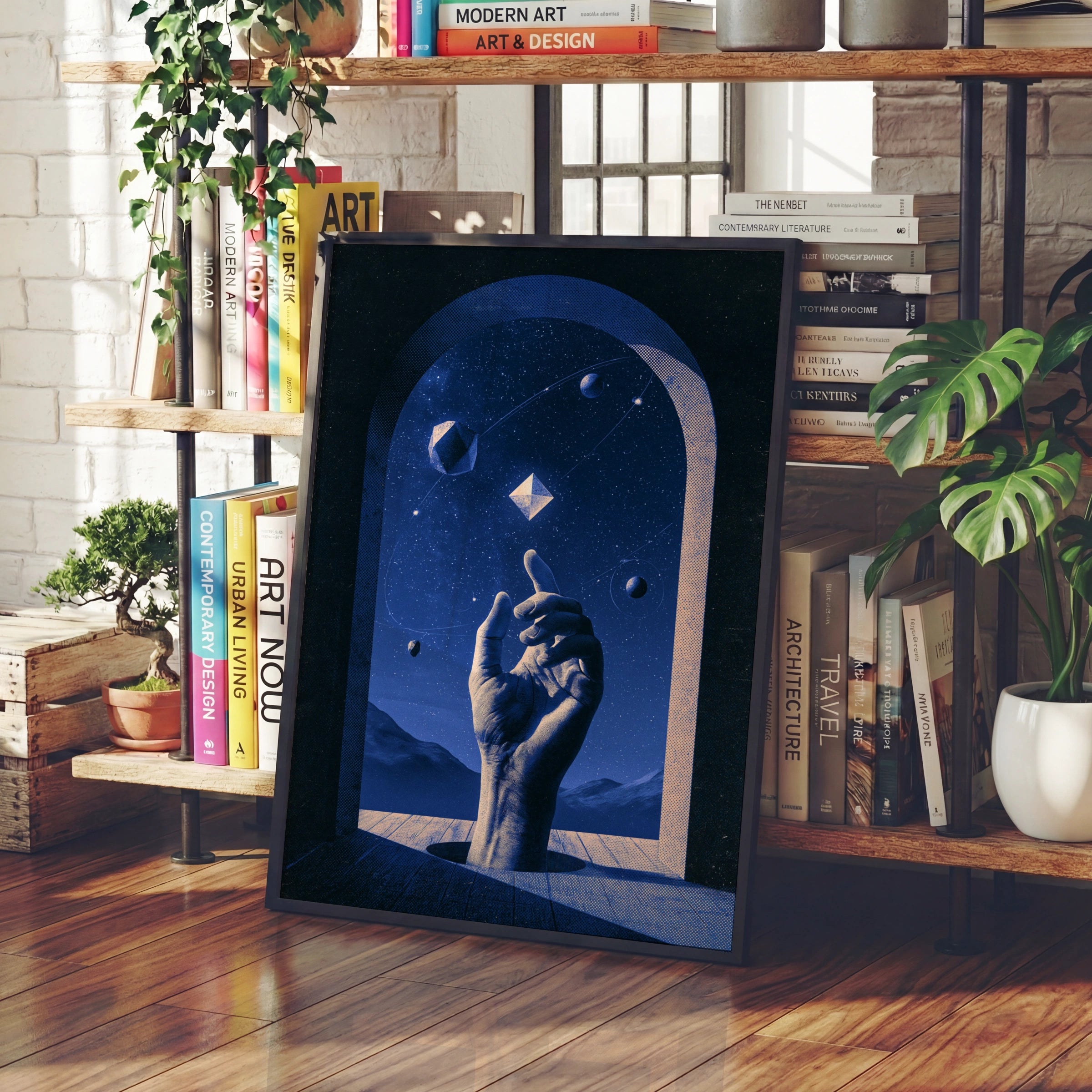 Cosmic Hand Universe Poster, Blue Surreal Space Art, Geometric Stars Print