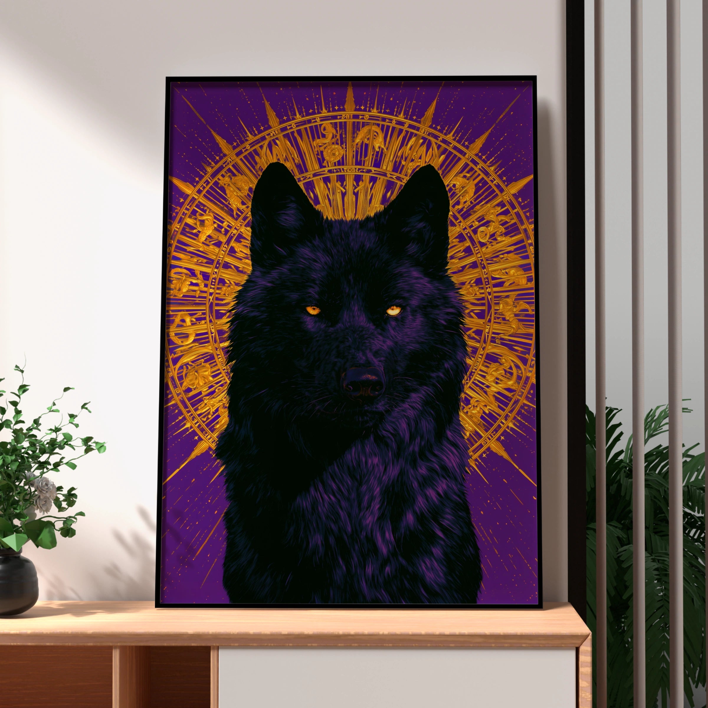 Black Wolf Black Sun Poster, Purple Gold Mystical Wall Art, Bold Animal Print