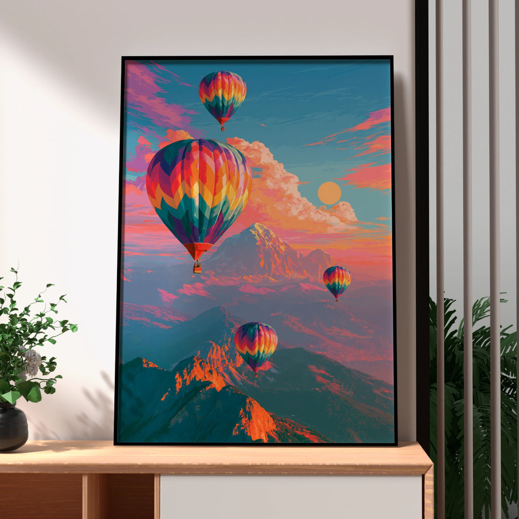 Hot Air Balloons Over Mountains Poster, Colourful Sky Art Print