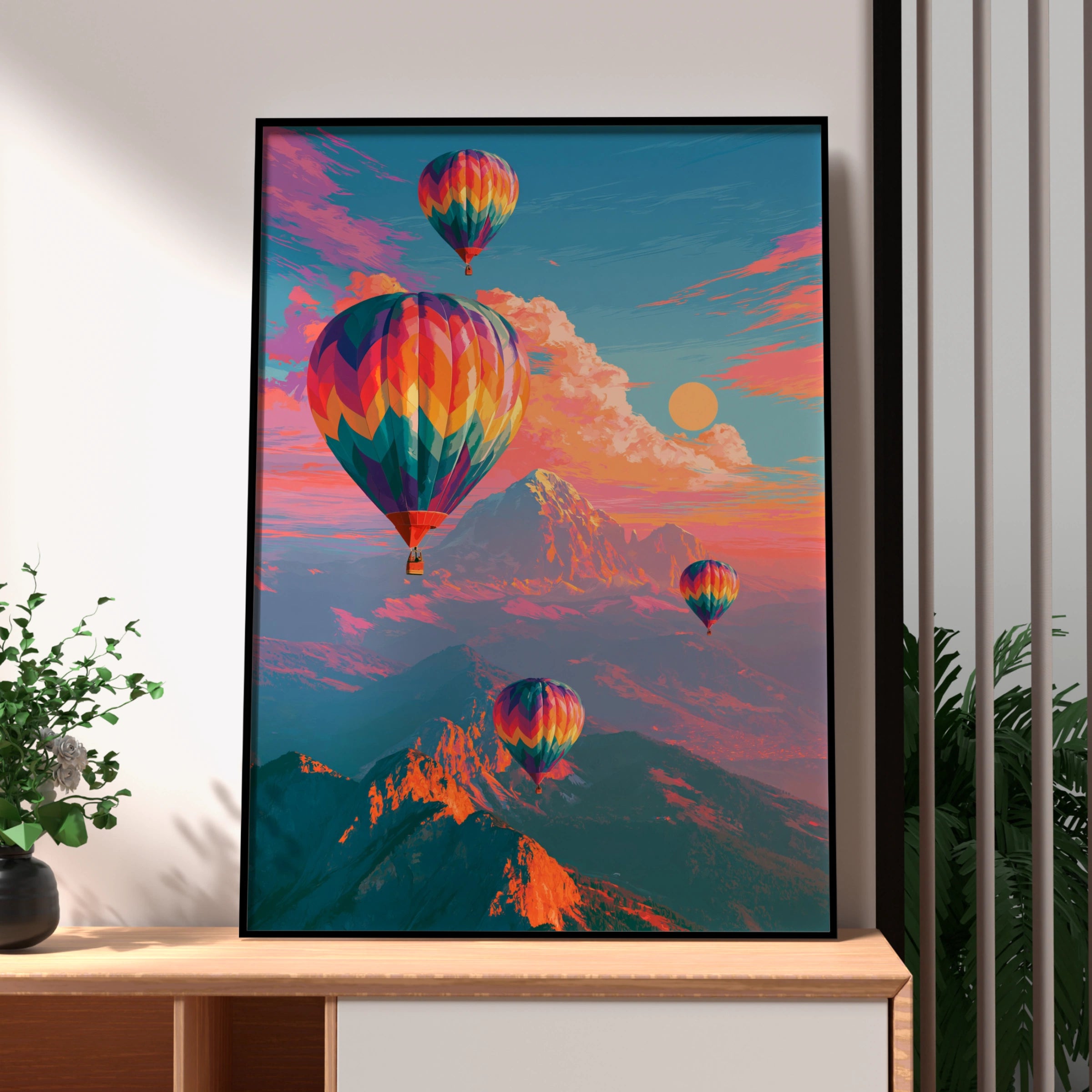 Hot Air Balloons Over Mountains Poster, Colourful Sky Art Print
