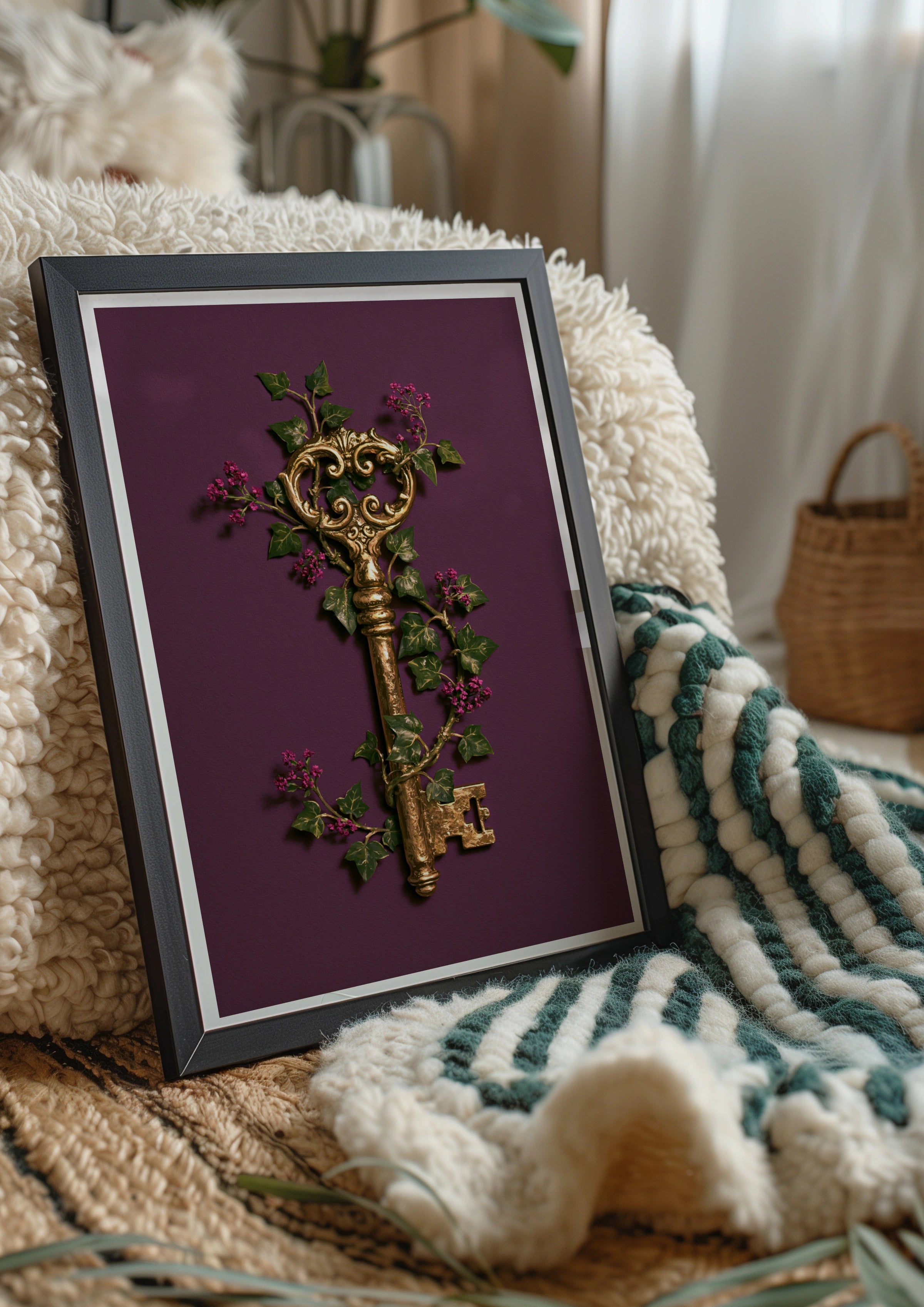 Antique Gold Key Floral Poster, Botanical Ivy Wall Art, Dark Maximalist Print
