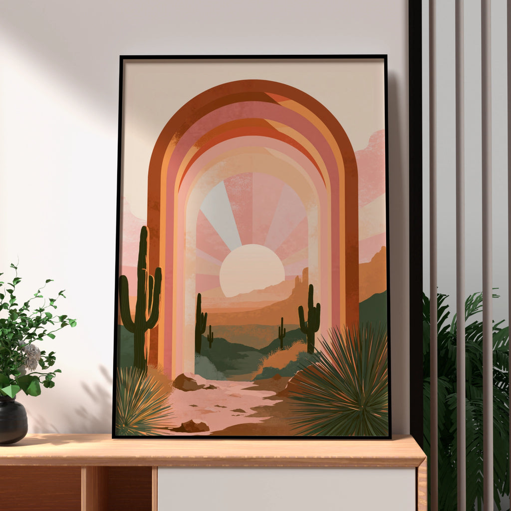Desert Cactus Arch Sunset Poster, Surreal Boho Southwest Wall Art Print