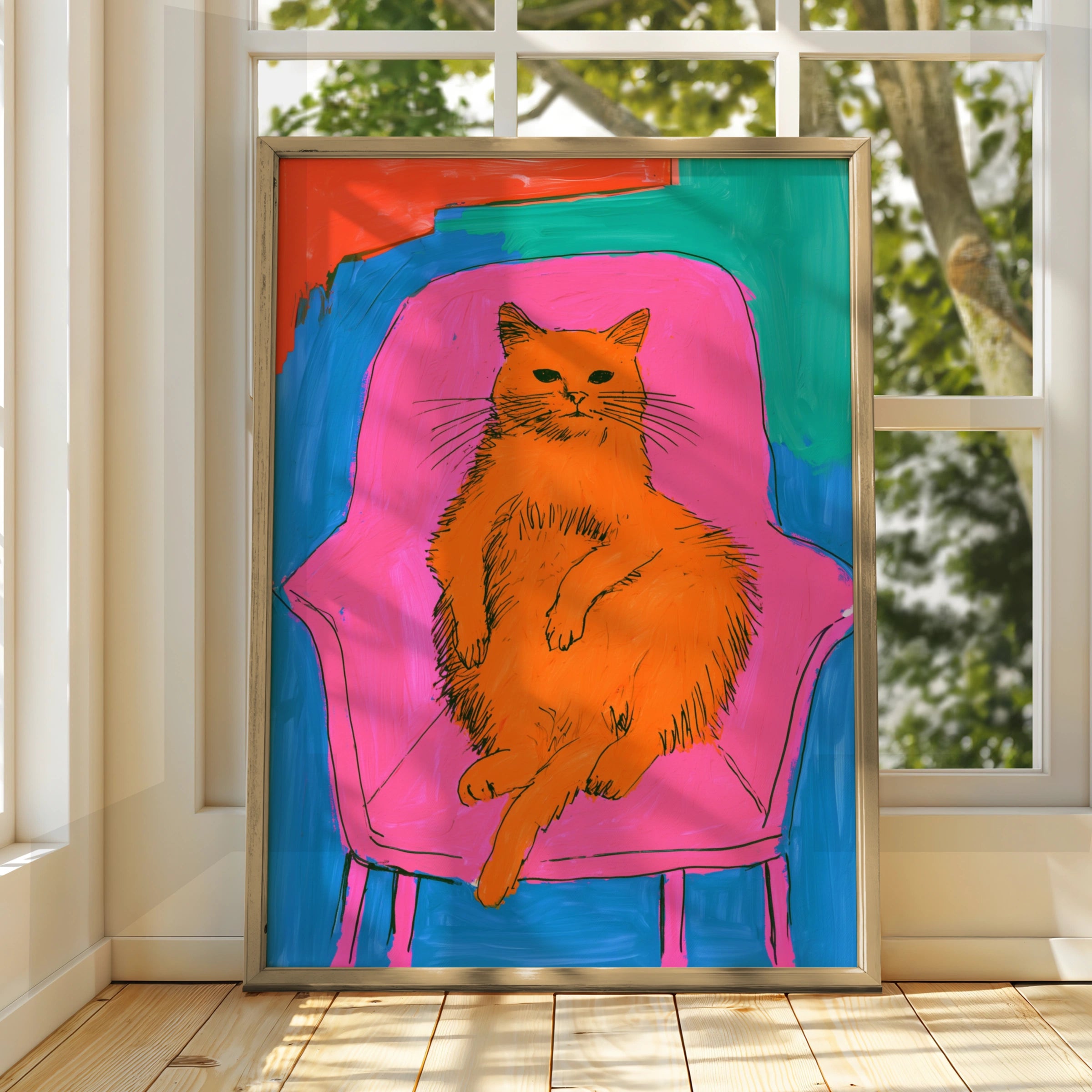 Fat Bored Cat on Armchair Poster, Bold Colourful Pop Art Print