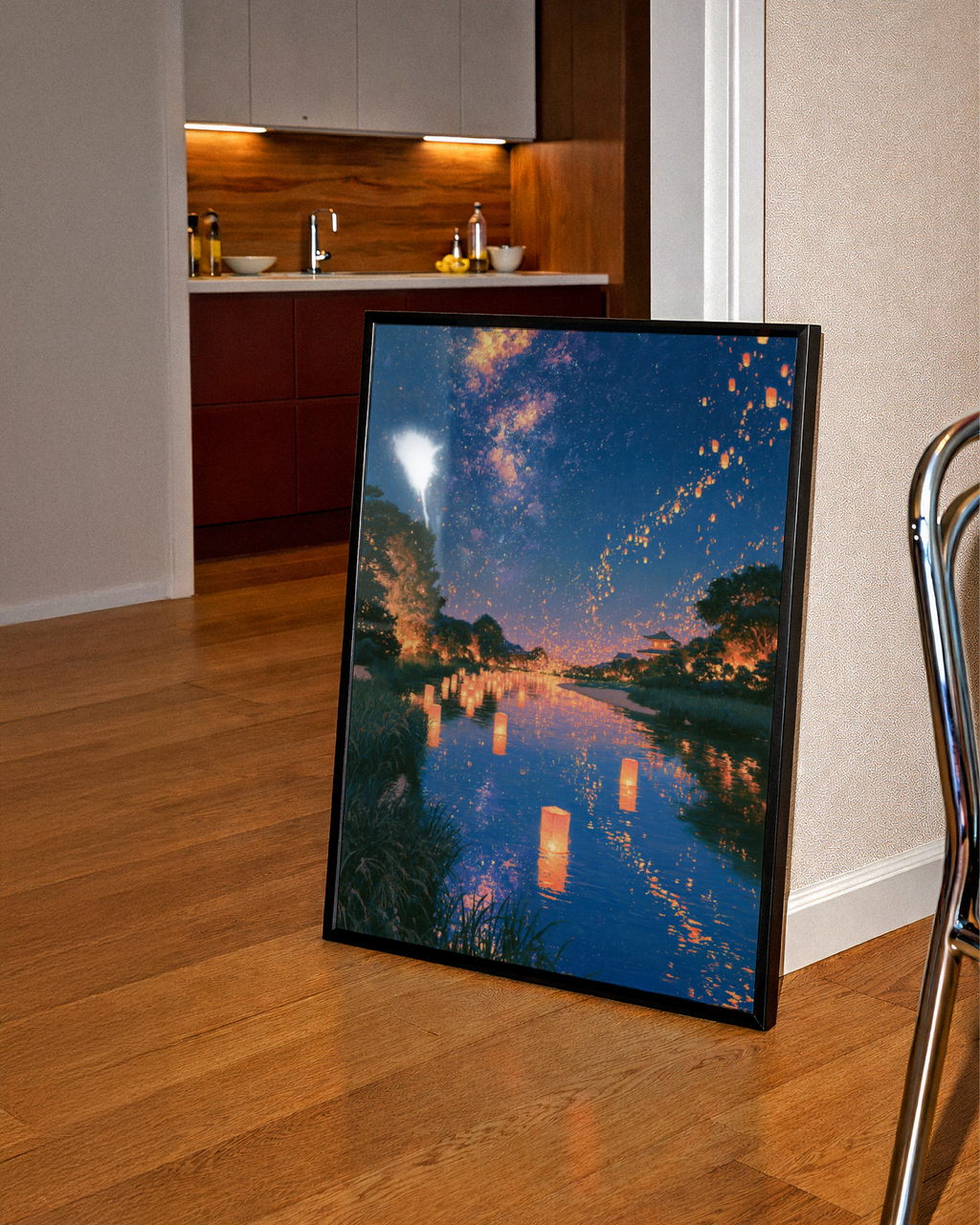 Lantern Festival Water Reflection Poster, Sky Lanterns Night Scene, Asian Art Print