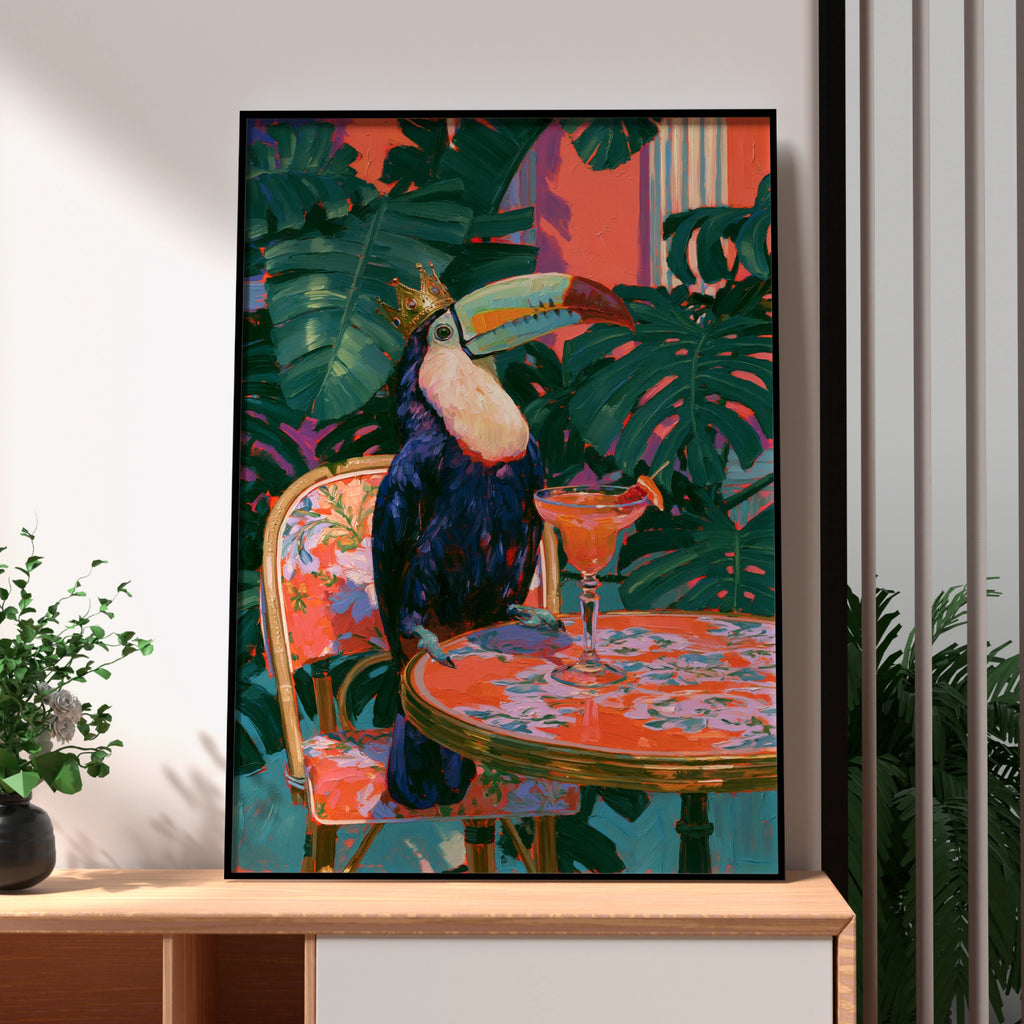 Crowned Toucan Cocktail Table Poster, Tropical Bird Art Print, Bold Maximalist