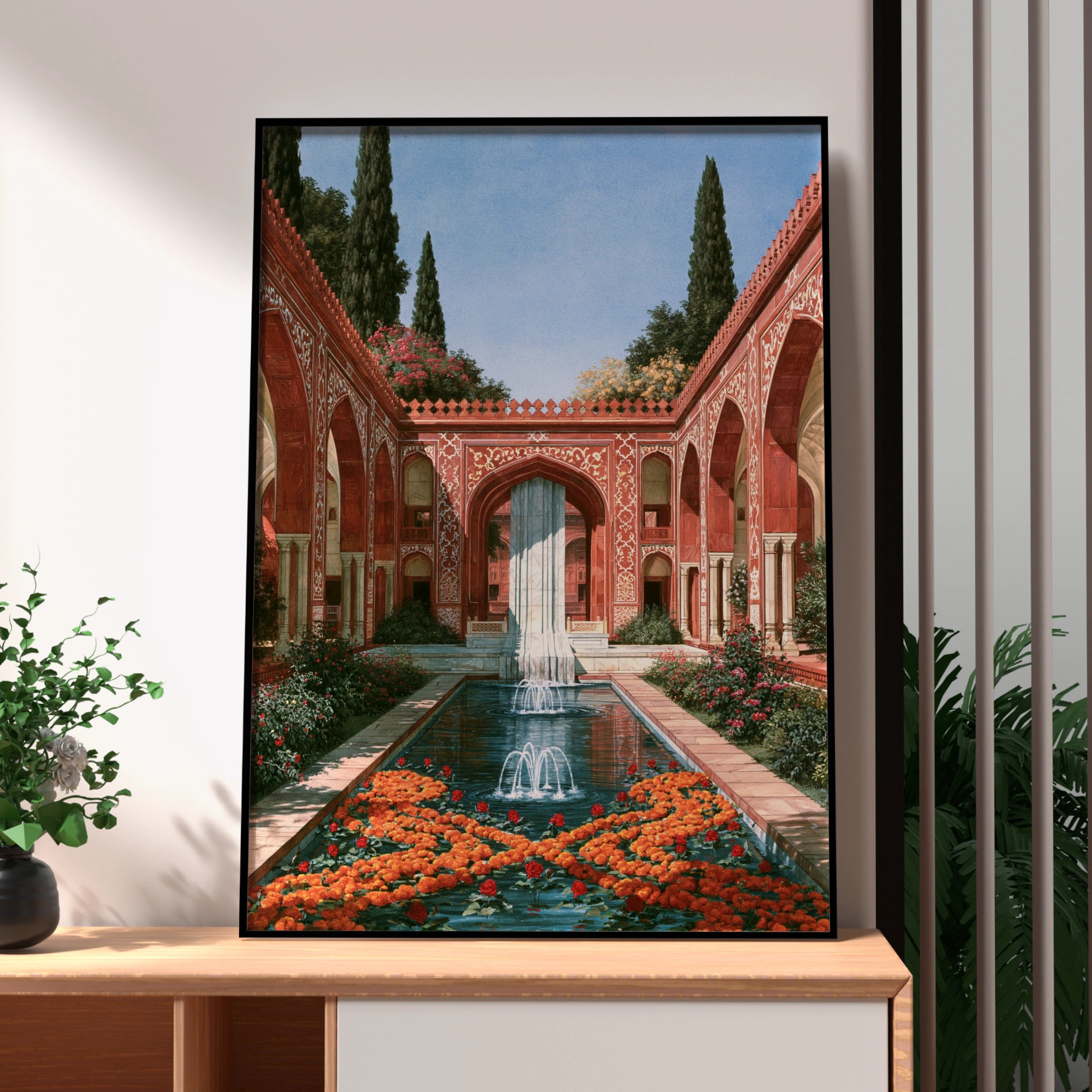 Indian Palace Courtyard Poster, Mughal Garden Art, Red Sandstone Architecture Print