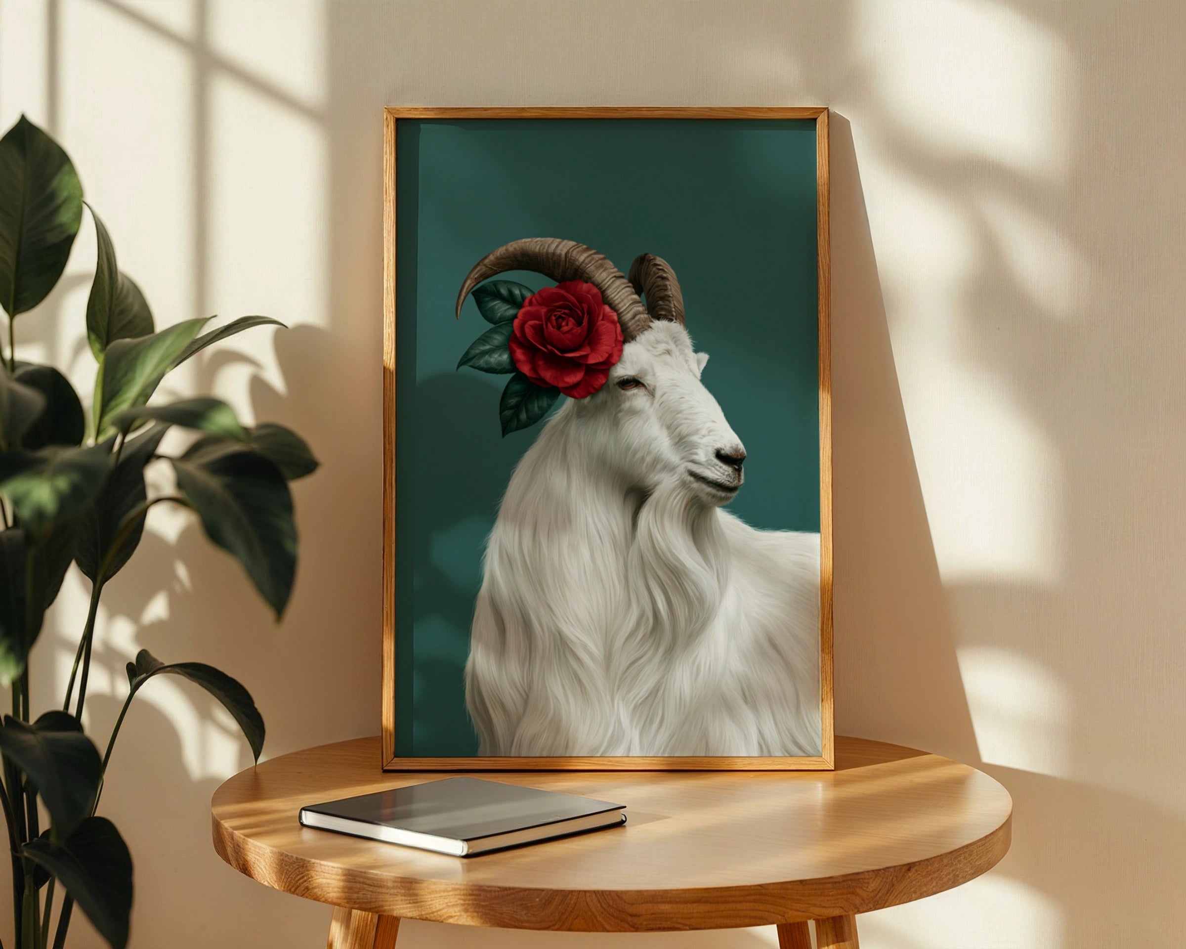 White Goat Red Rose Poster, Floral Animal Portrait Print, Teal Botanical Art