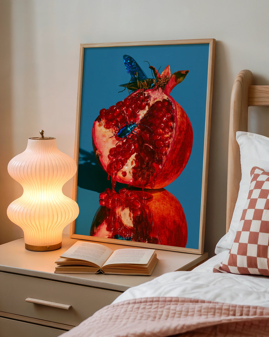 Pomegranate Beetles Wall Art Poster, Bold Red Blue Nature Print