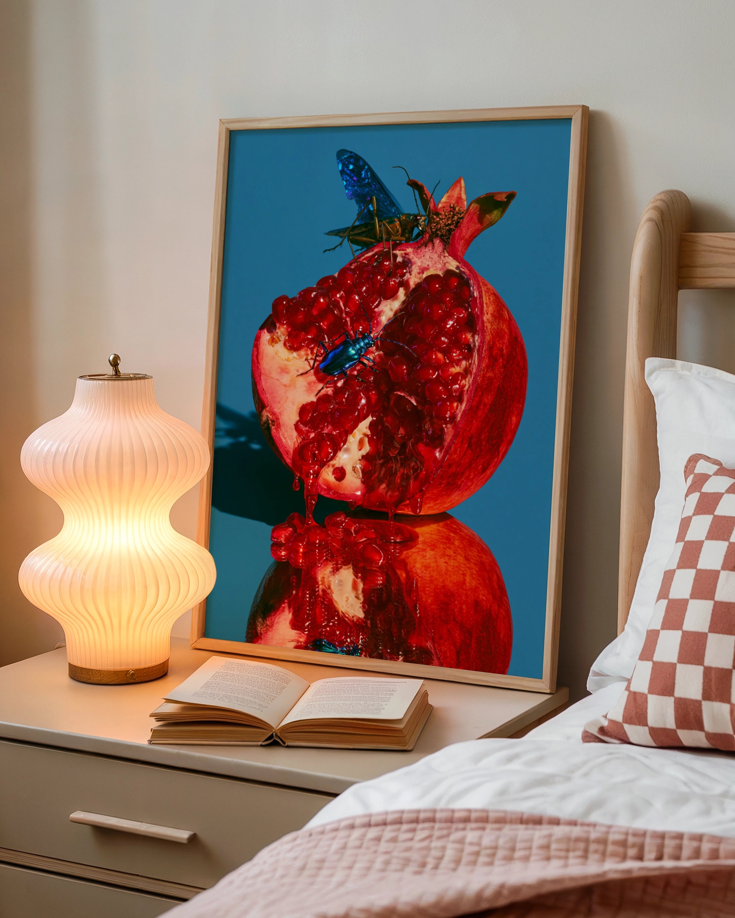 Pomegranate Beetles Wall Art Poster, Bold Red Blue Nature Print