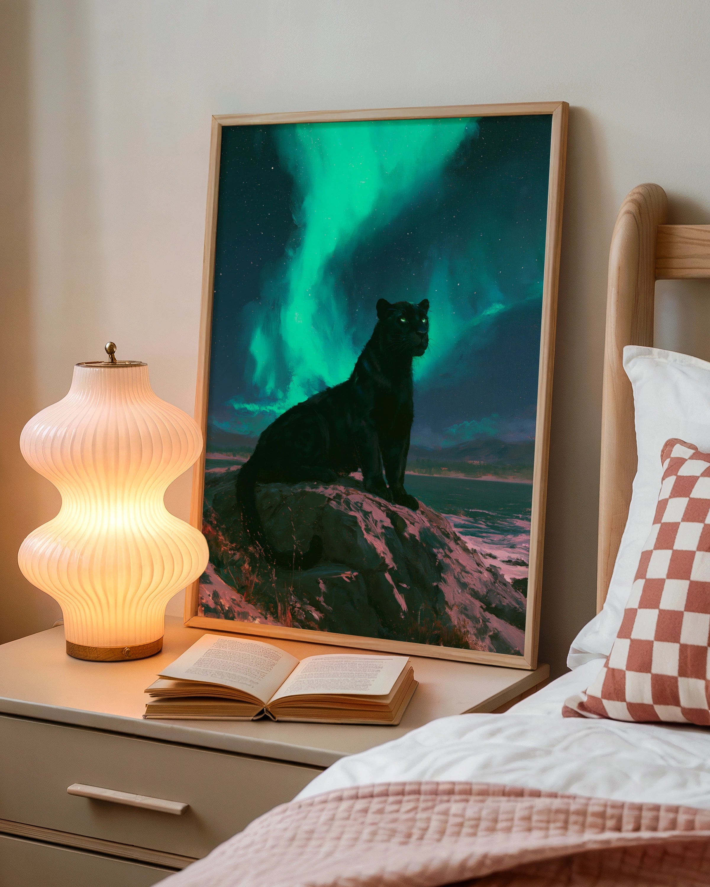 Black Panther Aurora Borealis Poster, Northern Lights Wildlife Art Print