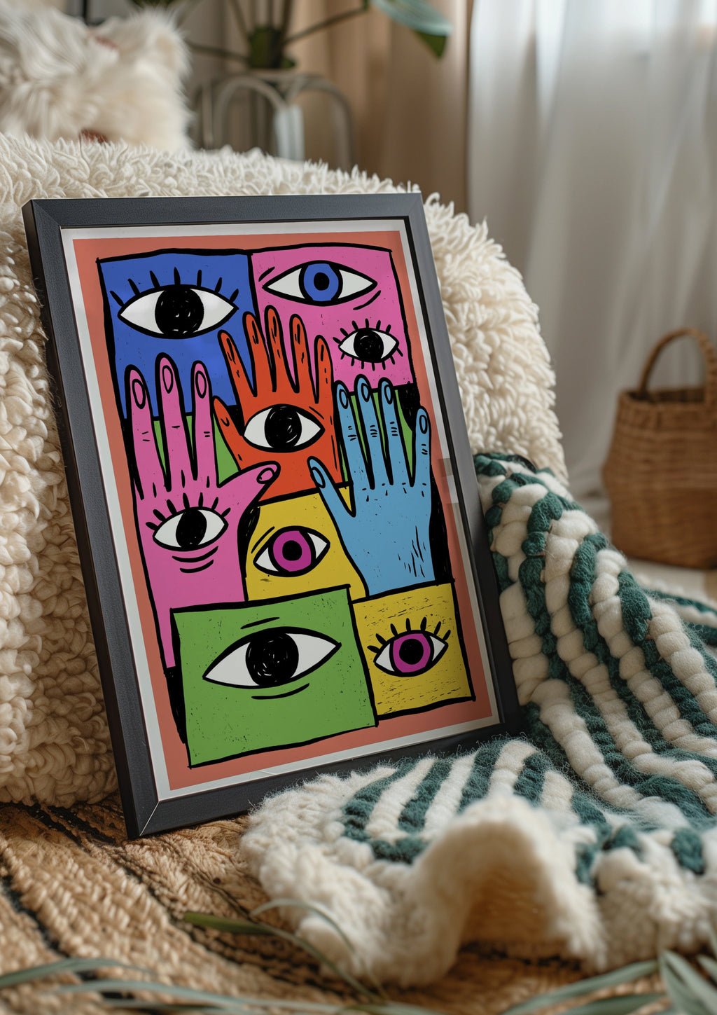 Hands and Eyes Wall Art Poster, Bold Colourful Maximalist Print