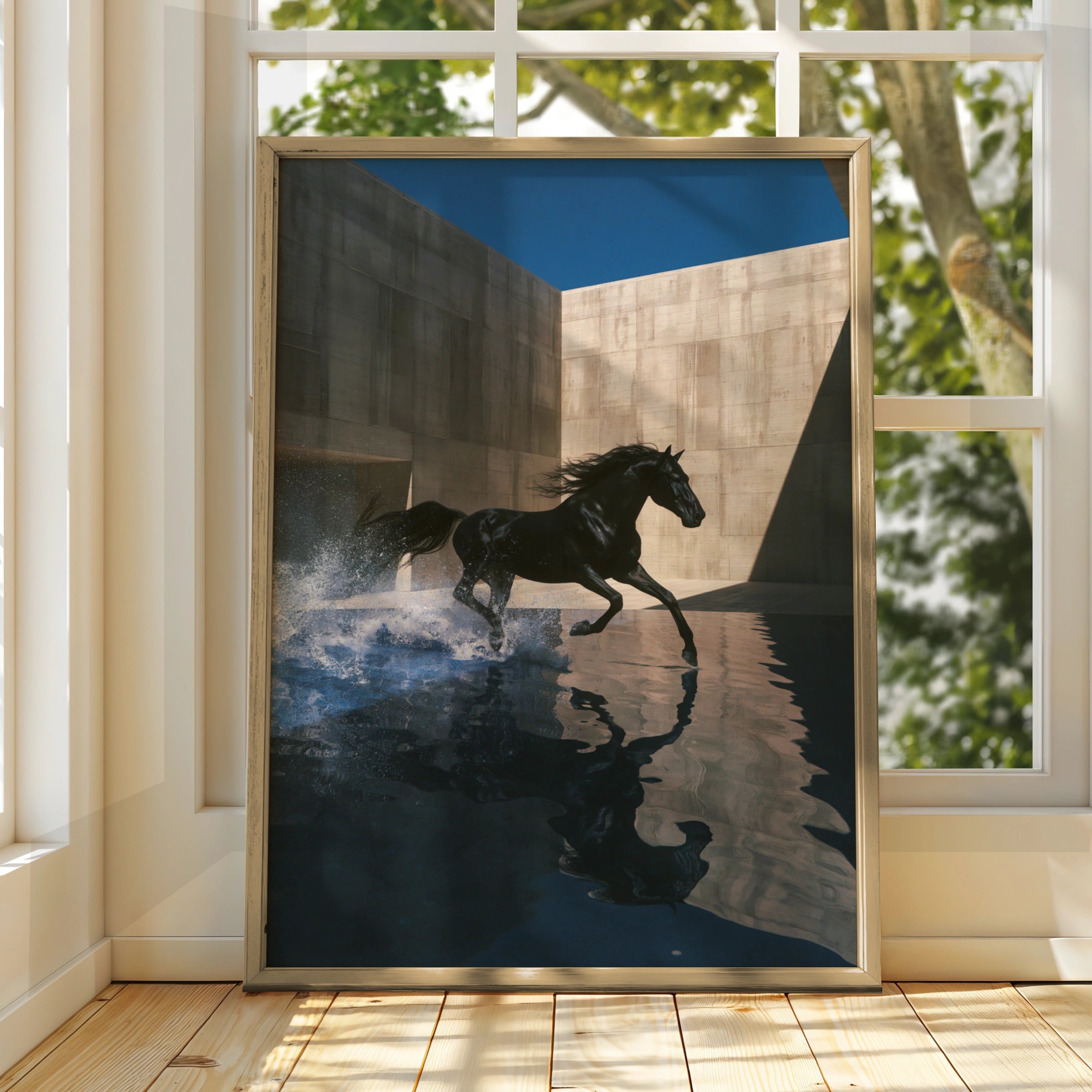Black Horse Splash Water Poster, Running Stallion Wall Art, Modern Equine Print