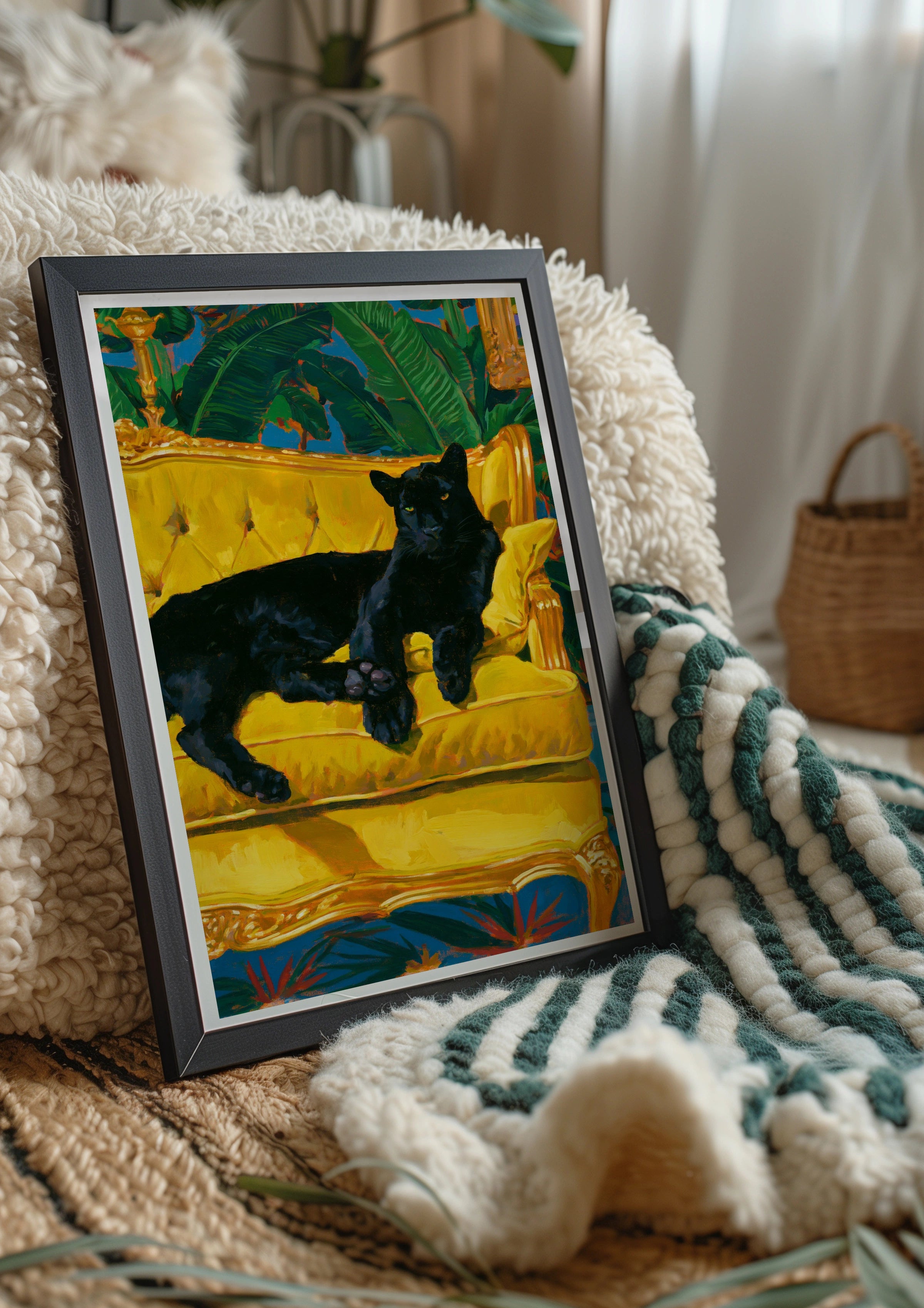 Black Panther on Yellow Sofa Wall Art Poster, Tropical Maximalist Print