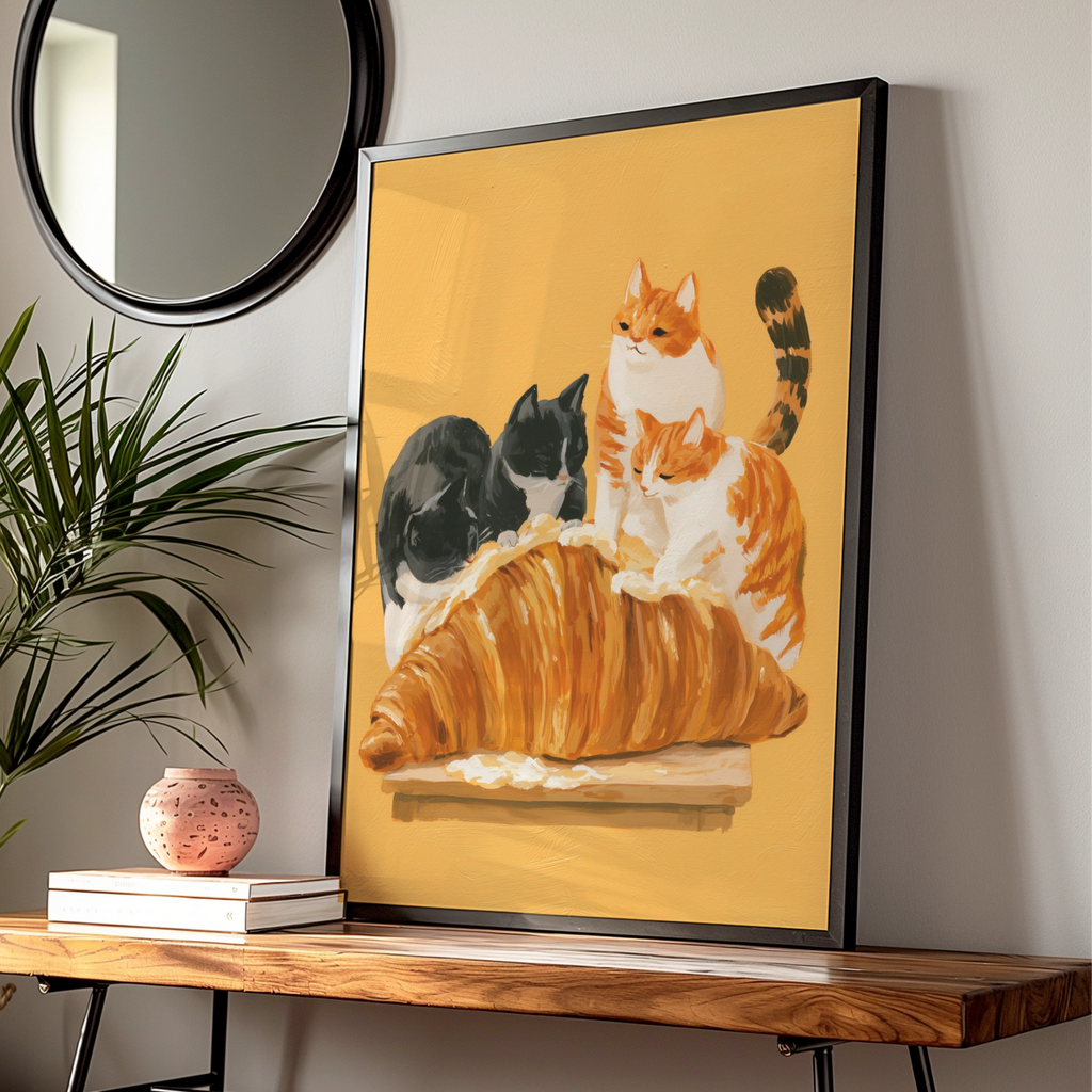 Cats on a Croissant Poster, Funny Cat Wall Art, Warm Yellow Kitchen Print