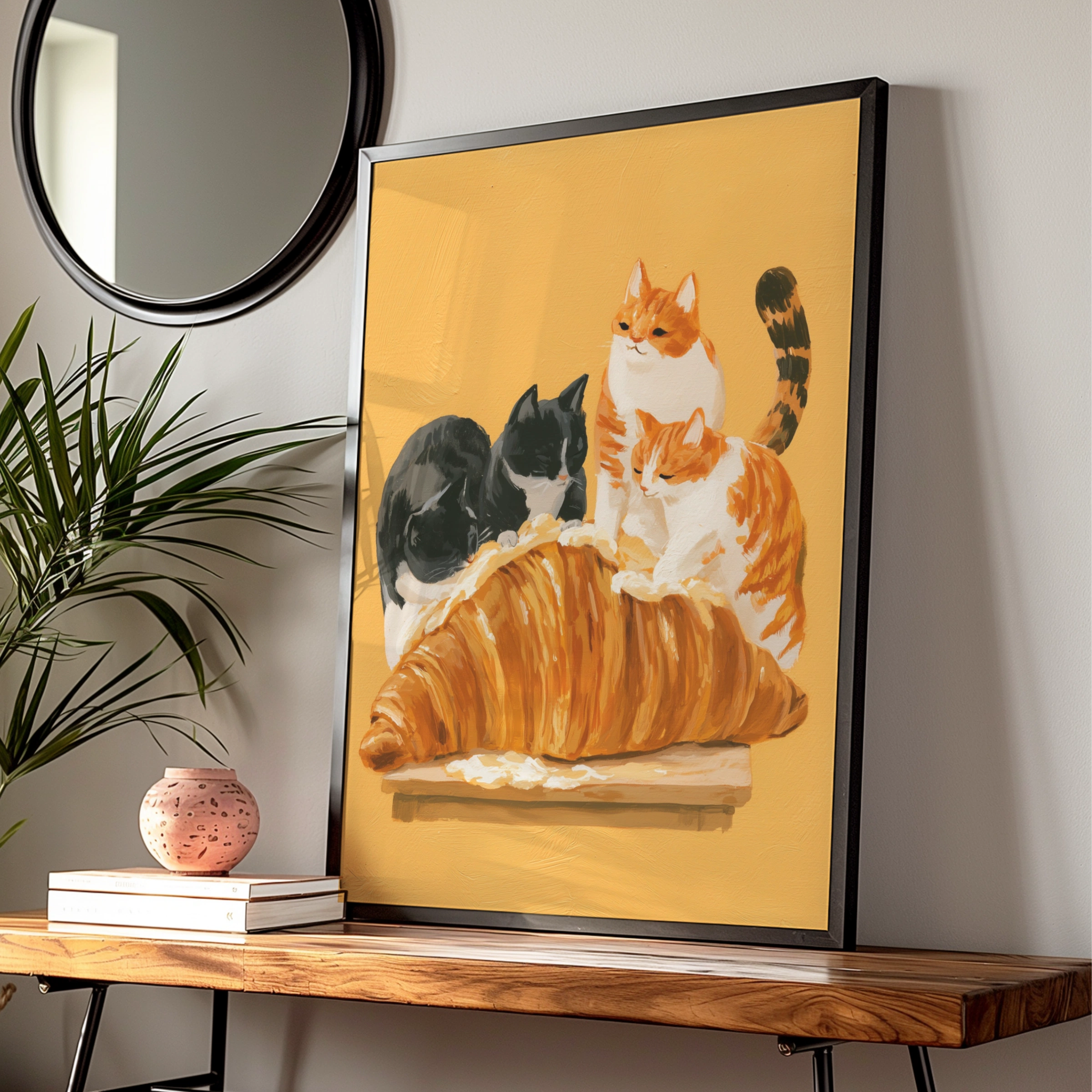 Cats on a Croissant Poster, Funny Cat Wall Art, Warm Yellow Kitchen Print