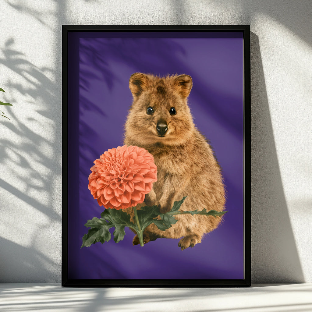 Quokka with Dahlia Flower Poster, Australian Animal Wall Art Print
