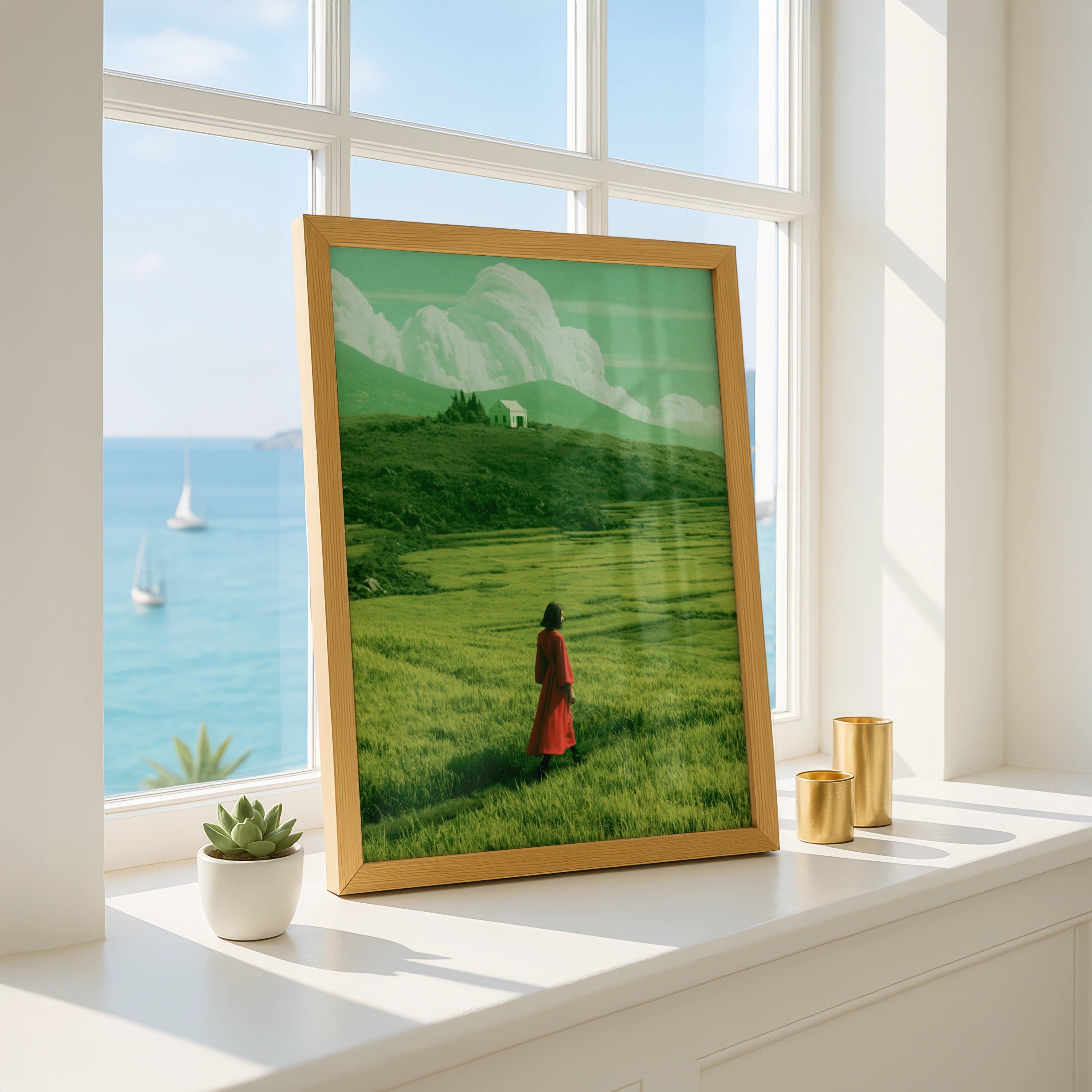 Woman in Red Coat Green Field Wall Art Poster, Surreal Landscape Print