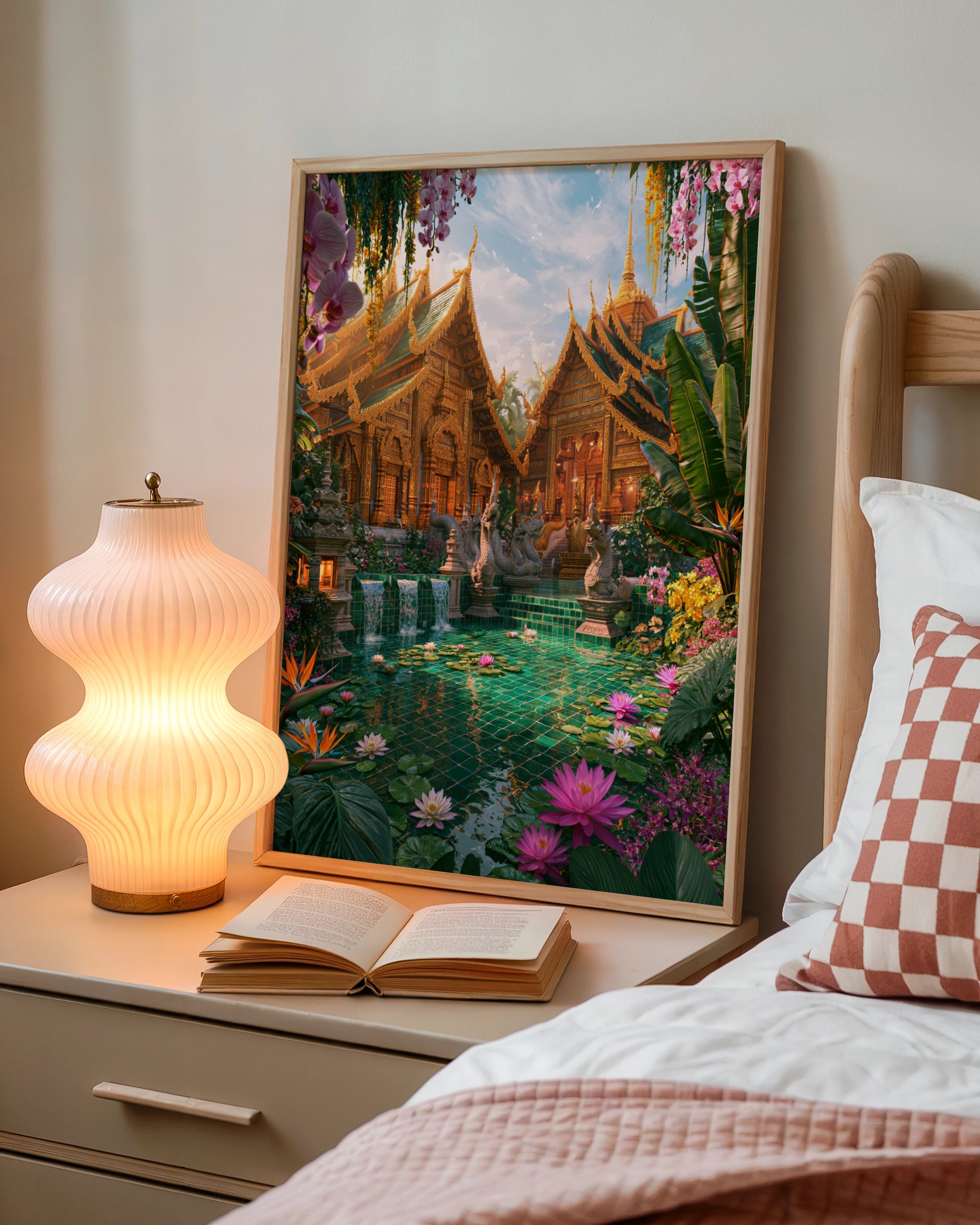 Thai Royal Temple Courtyard Poster, Lotus Garden, Tropical Wall Art Print