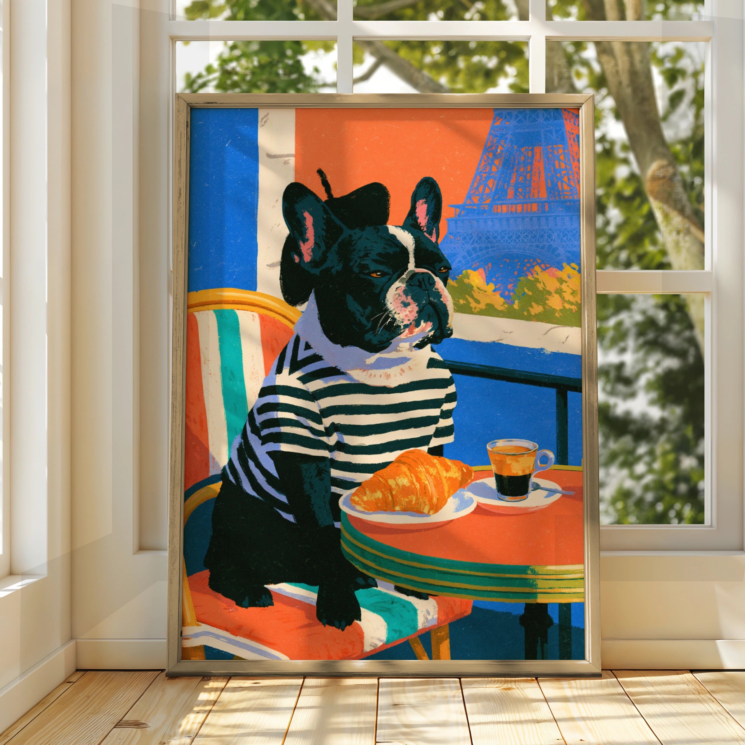 French Bulldog Paris Cafe Wall Art Poster, Eiffel Tower, Bold Colourful Print