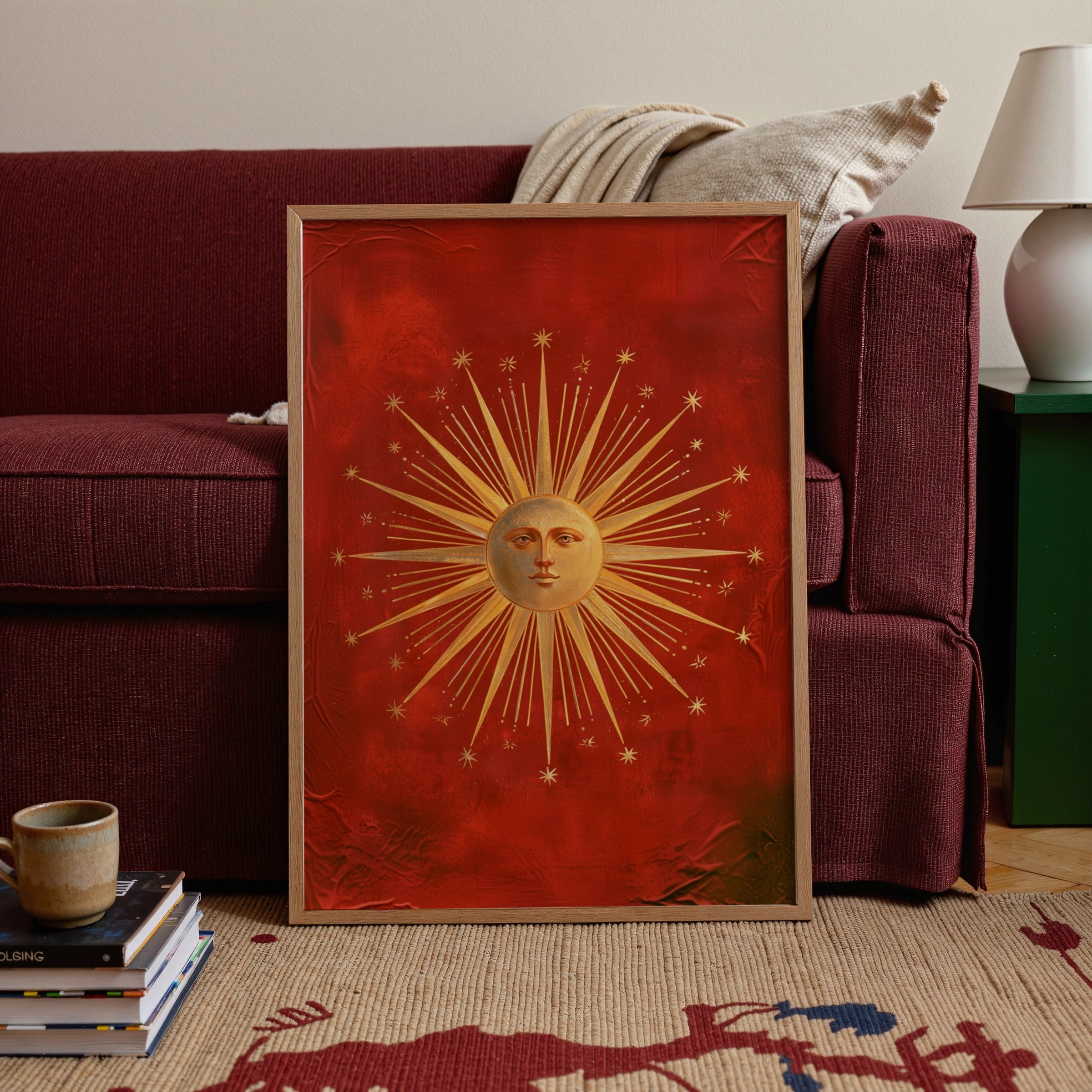 Vintage Tarot Sun Face Poster, Gold Celestial Wall Art, Red Occult Print