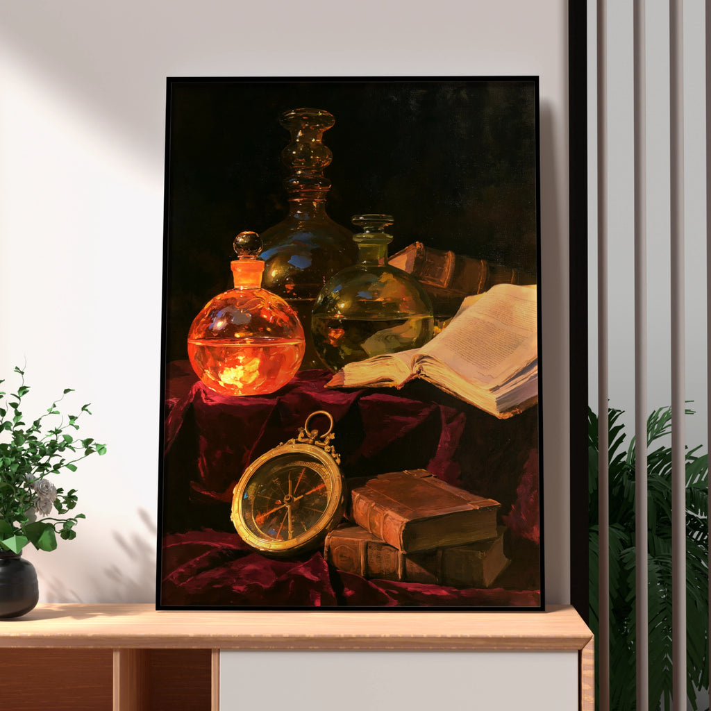 Glass Bottles Books Compass Still Life Poster, Old Masters Oil Painting Style