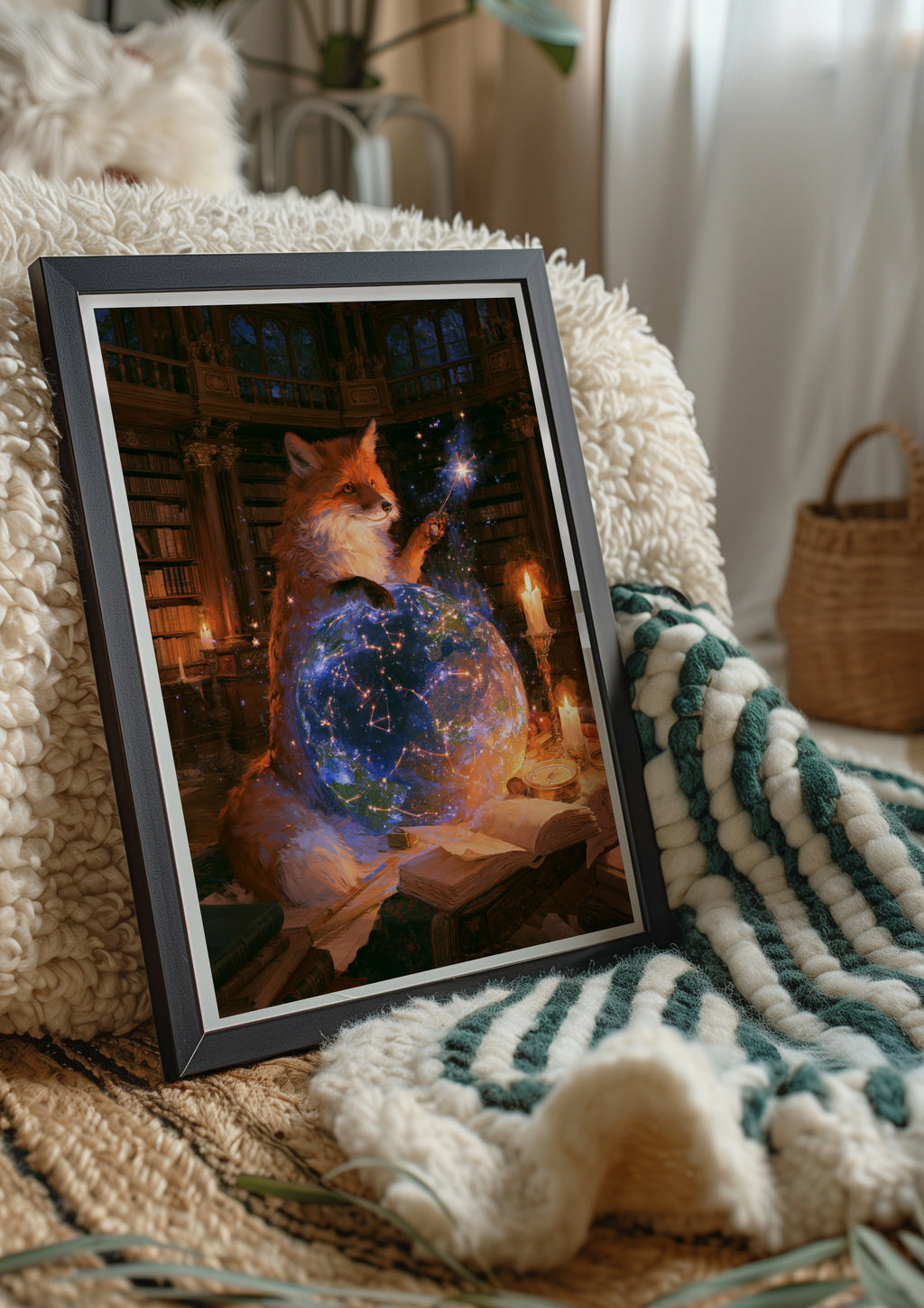 Fox Celestial Observatory Poster, Magical Library Wall Art, Fantasy Print