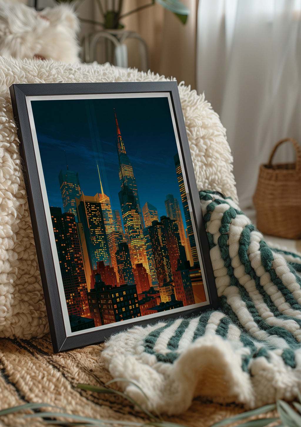 City Skyline Night Poster, Skyscrapers Print, Urban Wall Art, Retro Style