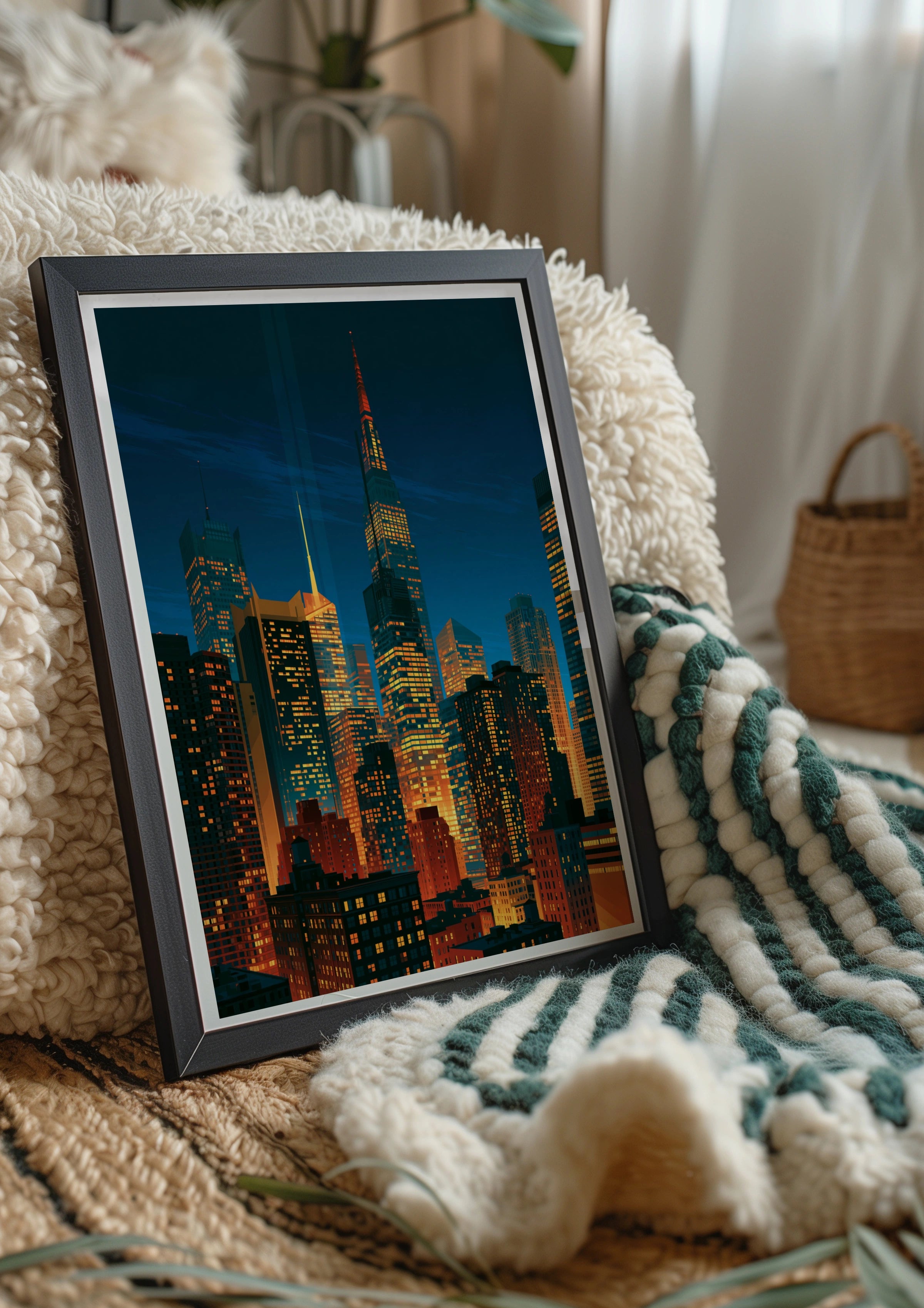 City Skyline Night Poster, Skyscrapers Print, Urban Wall Art, Retro Style