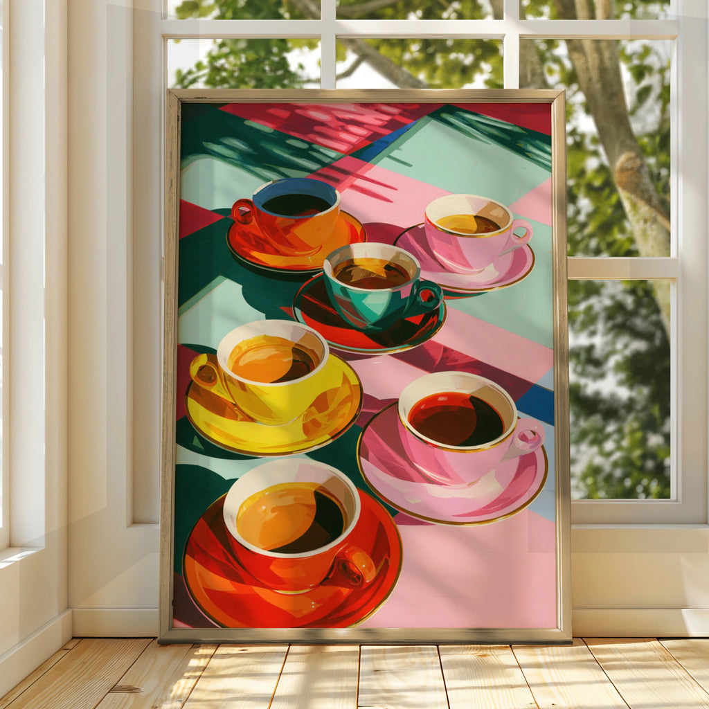 Colourful Coffee Cups Poster, Bold Pop Art Print, Kitchen Wall Art