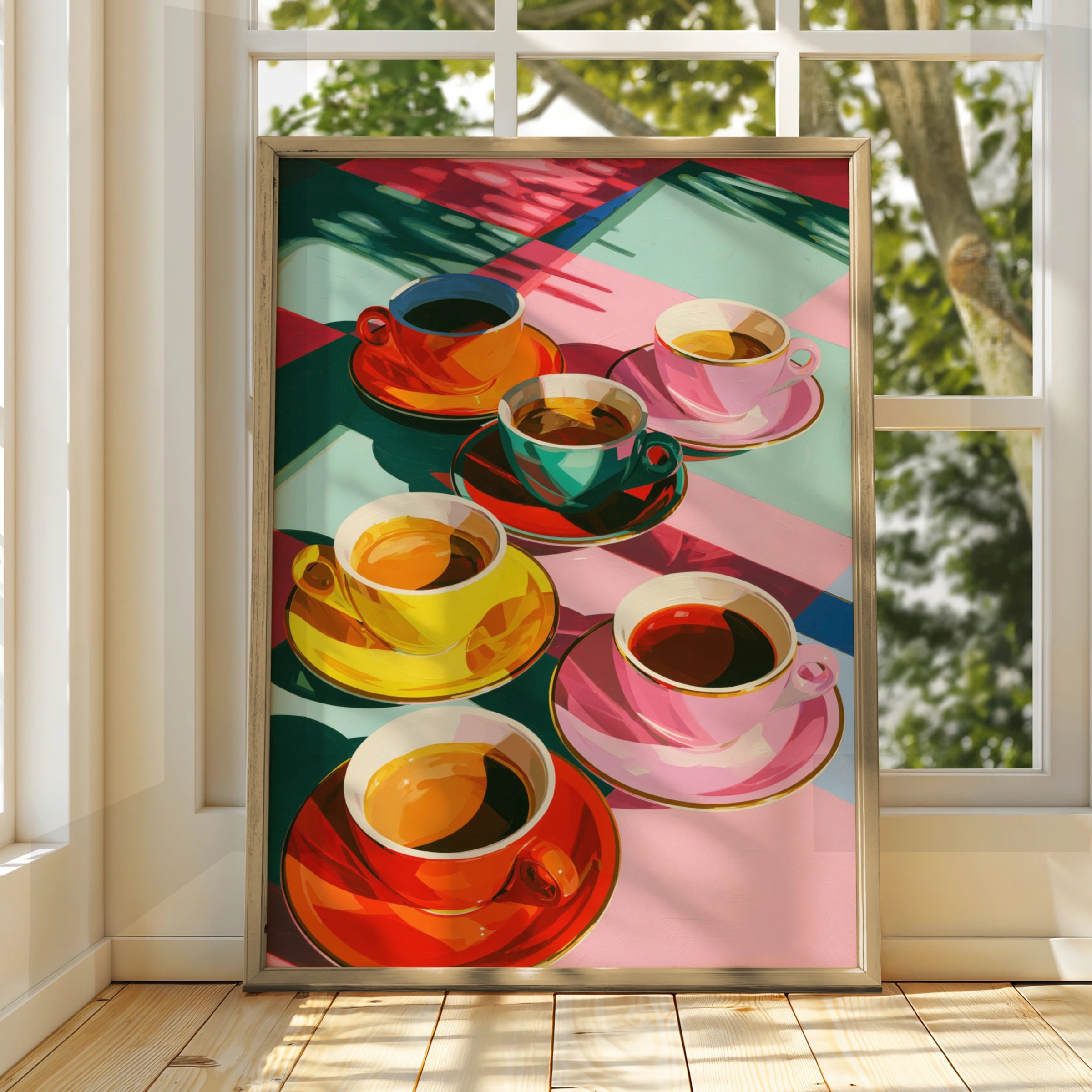 Colourful Coffee Cups Poster, Bold Pop Art Print, Kitchen Wall Art