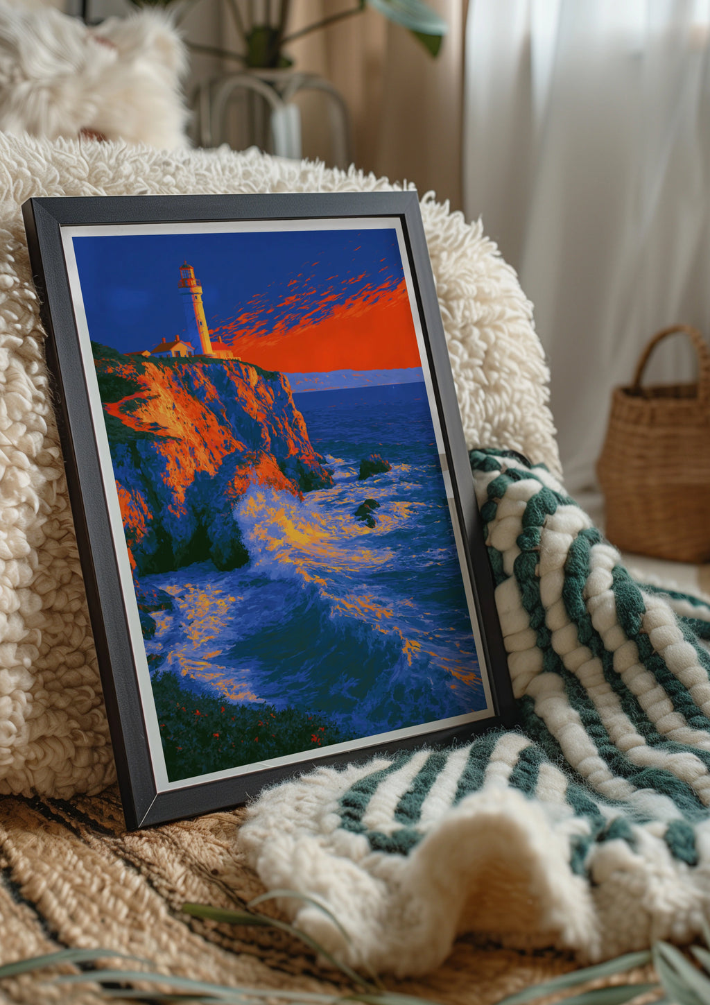 Red Lighthouse Cliff Coastal Wall Art Poster, Bold Sunset Ocean Print