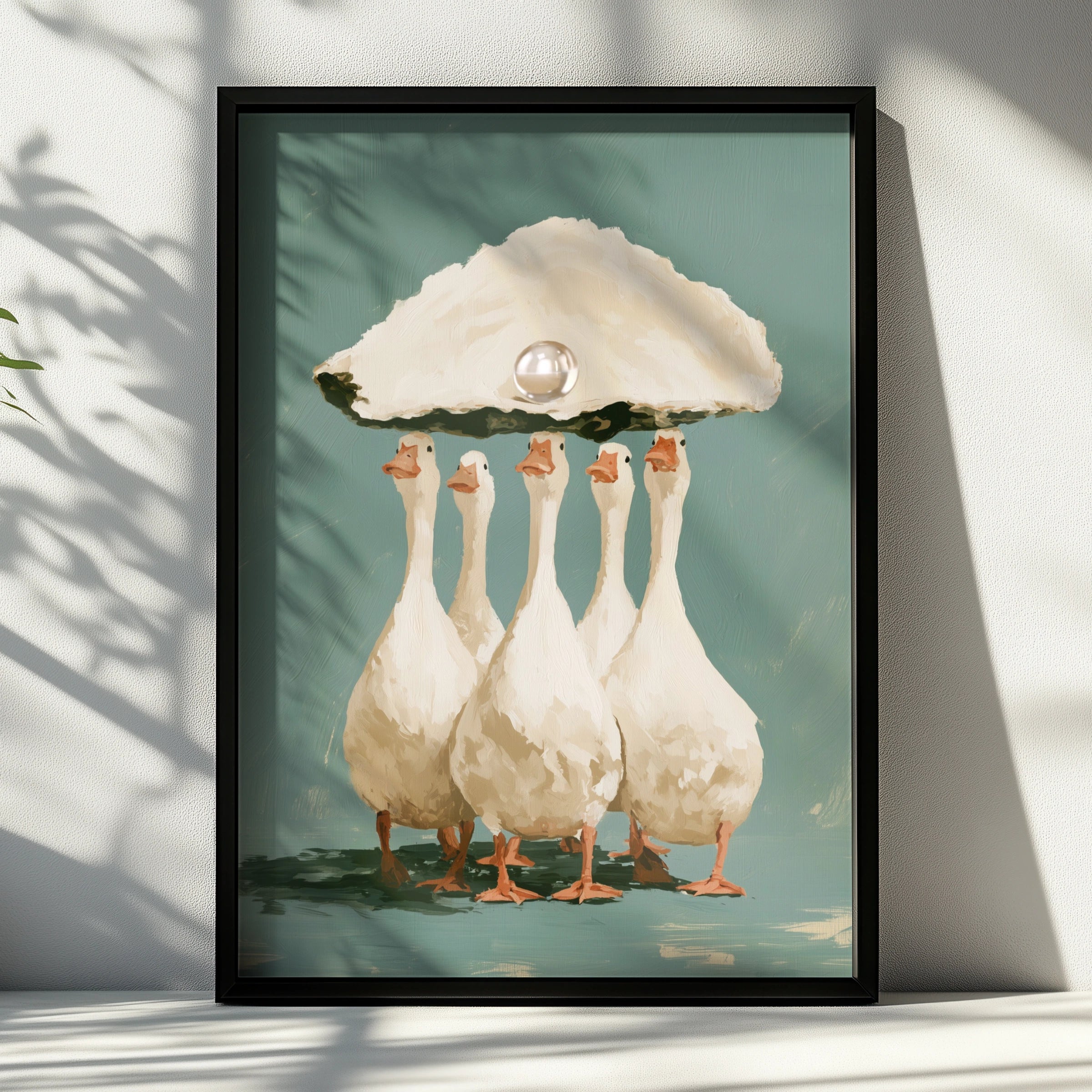 Ducks Carrying Pearl Oyster Shell Poster, Whimsical Animal Wall Art Print