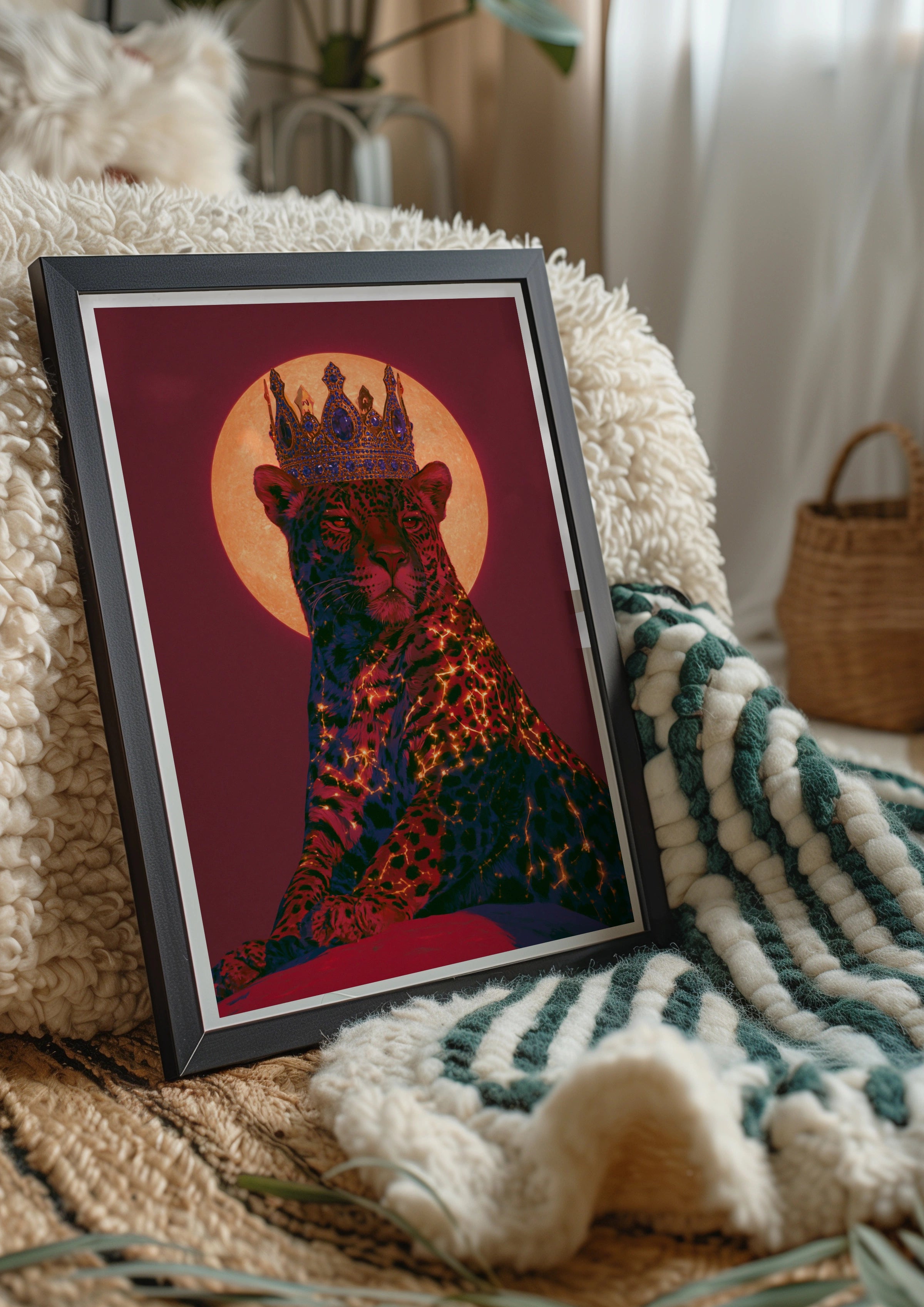 Crowned Jaguar Wall Art Poster, Crimson Moon Big Cat Print, Bold Animal Art