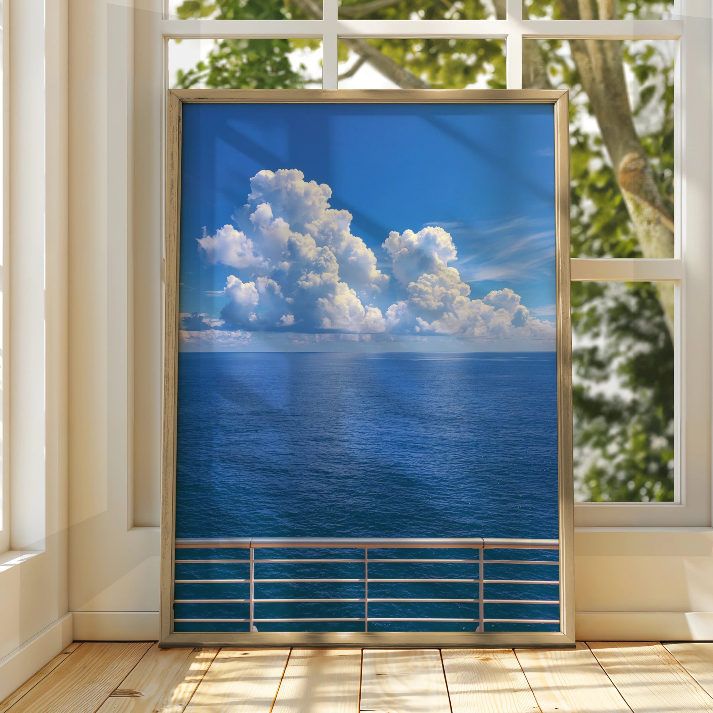 Cruise Ship Deck Ocean View Poster, Blue Sea Sky Clouds, Nautical Wall Art
