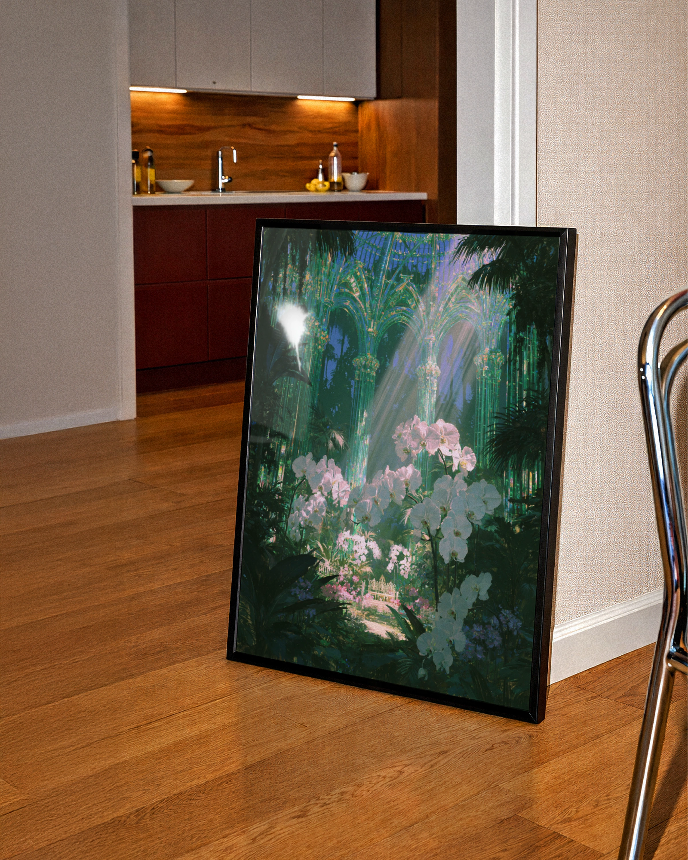 Emerald Glasshouse Orchids Poster, Botanical Fantasy Art Print, Victorian Greenhouse