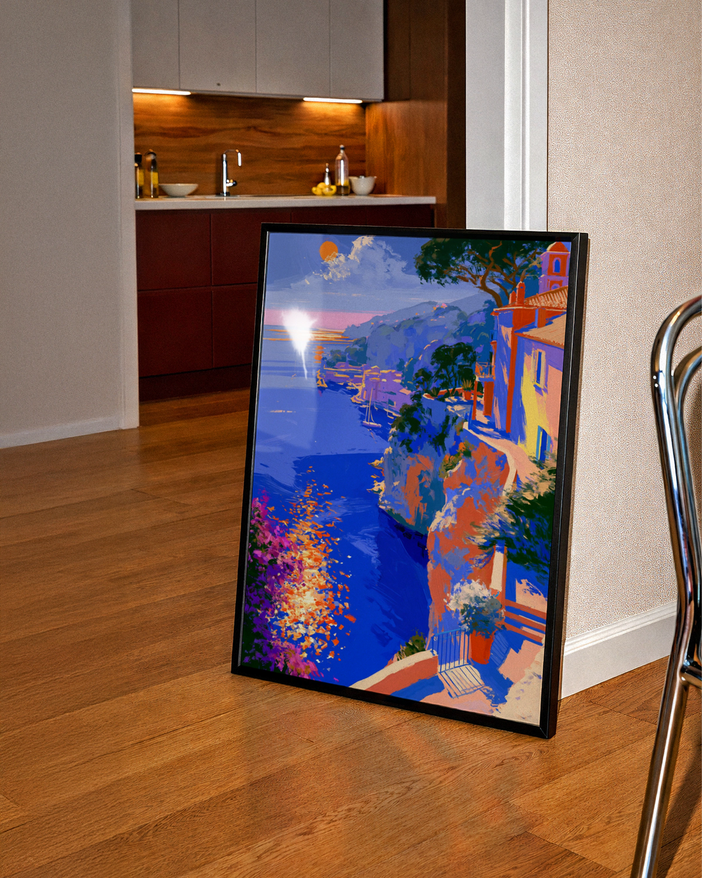 Mediterranean Seaside Sunset Wall Art Poster, Coastal Cliffside Print, Bold Colourful Style