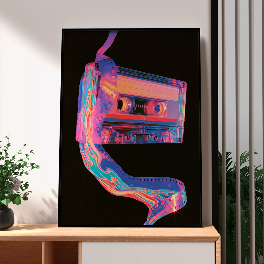 Retro Cassette Tape Poster, Neon 80s Wall Art, Synthwave Music Print