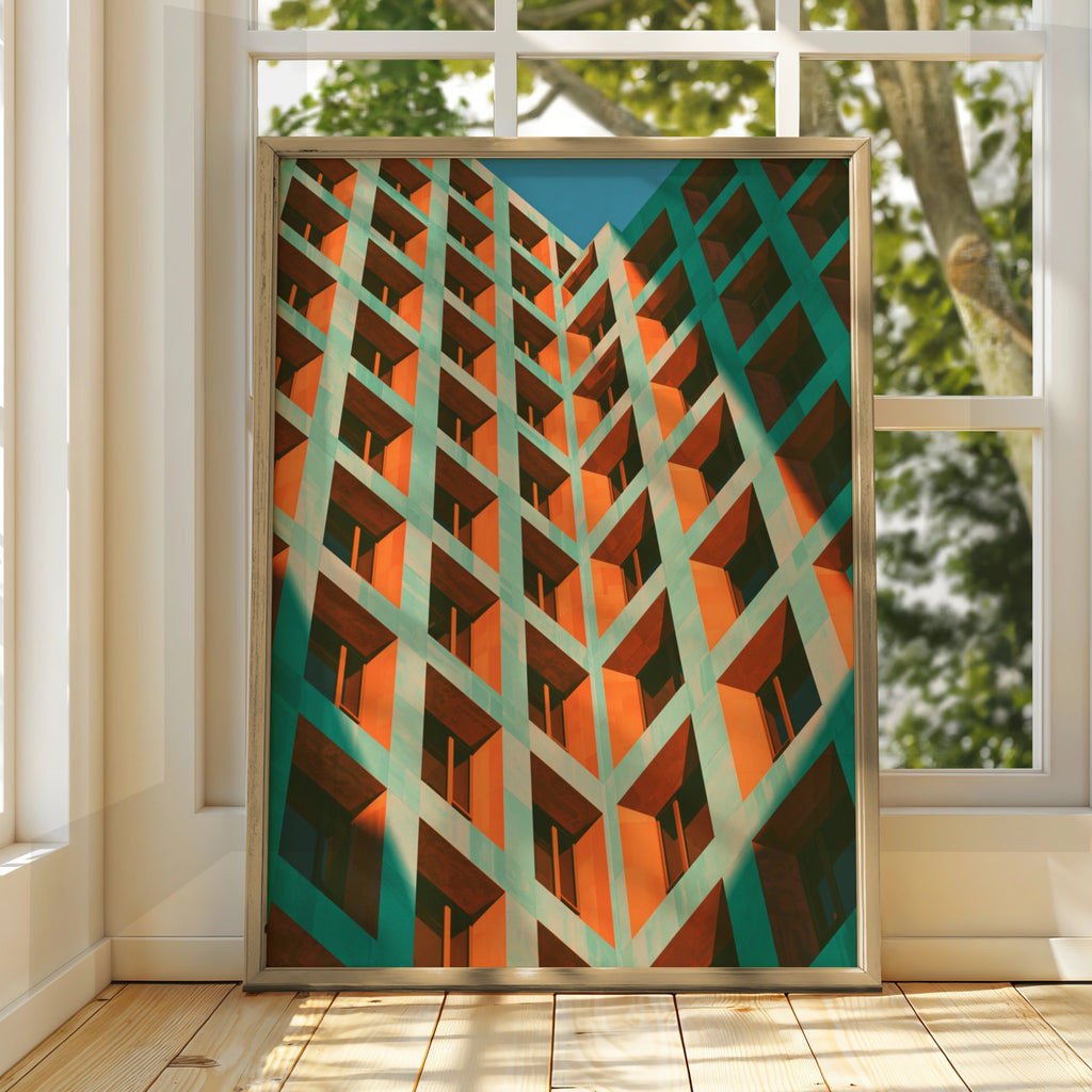 Architecture Building Facade Poster, Green Orange Geometric Brutalist Print